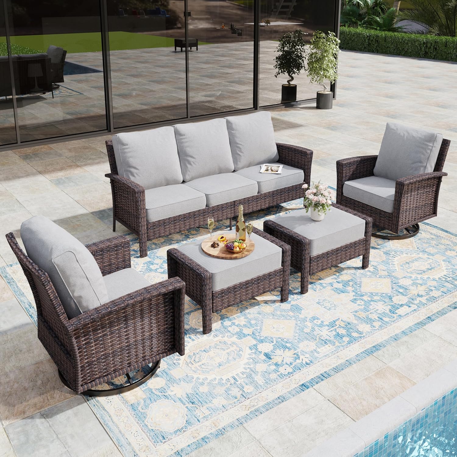 5-Piece Wicker Patio Furniture Set with Swivel Chairs, High Back Outdoor Furniture with 5.5-inch Thick Cushion and Ottoman, All-Weather Wicker Patio Conversation Set for Deck Yard Pool, Grey
