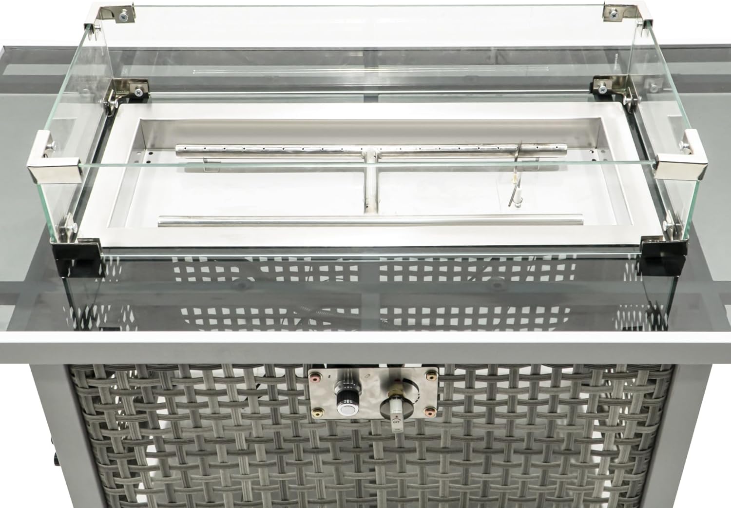 43 Inch Propane Fire Pit Table with Glass Wind Guard, 60,000 BTU Outdoor Rectangular Wicker Fire Pit for Patio, Grey Weave Design Fire Pit Table for Backyard Garden Deck, Not Included Propane & Cover