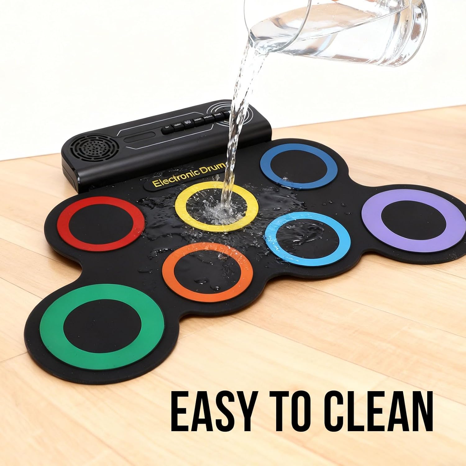 Jiawu Electronic Drum Set, 7 Pads Roll Up Electric Drum Pad Built in Speaker, Portable Drumming Practice Pad Machine with Pedals and Sticks, 10 Hours Playtime for Beginners