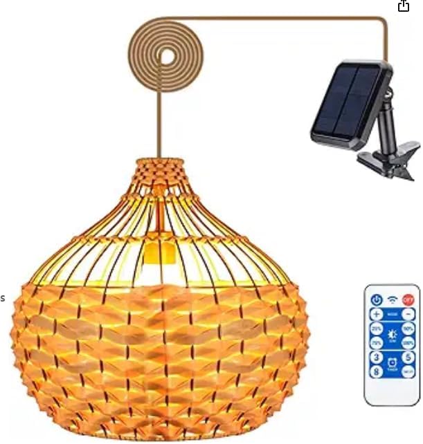 Solar Chandelier Outdoor Pendant Lights, Outdoor Rattan Solar Hanging Porch Light Lanterns with Remote Dimmable Outdoor Chandelier Lights for Gazebo Porch Patio 12.6
