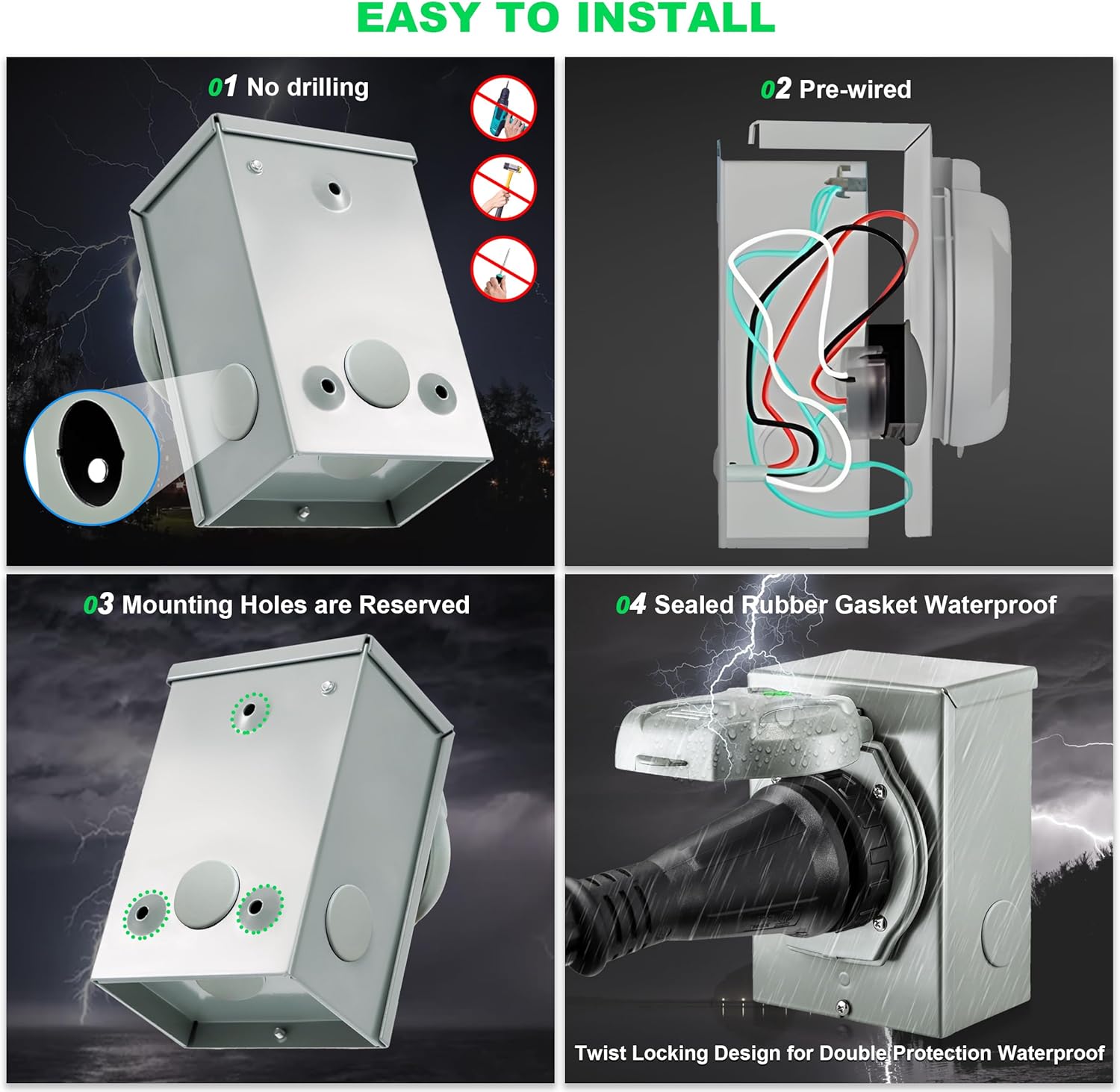 50 Amp Generator Cord 25FT and Pre-Drilled Power Inlet Box, 50 amp Generator Power Inlet Box and Cord, NEMA 14-50P to SS2-50R Generator Cord Combo Kit, STW 6/3+8/1 AWG 125V/250V, Twist Lock Connector