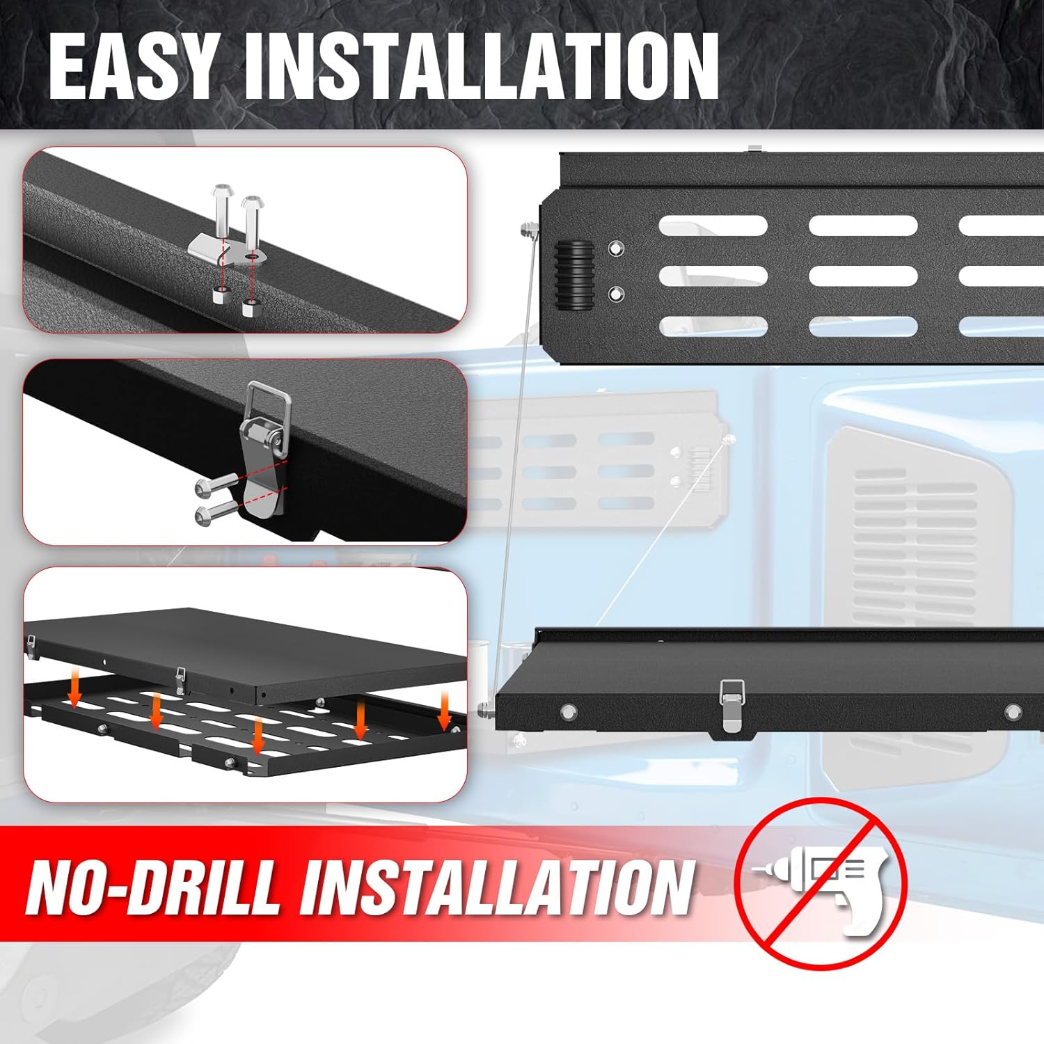 Foldable Tailgate Table with Molle Panel Compatible with 2021 2022 2023 2024 2025 Ford Bronco 2/4 Door (Excluding Sport), Rear Folding Tables Cargo Shelf Storage Luggage Holder Accessories