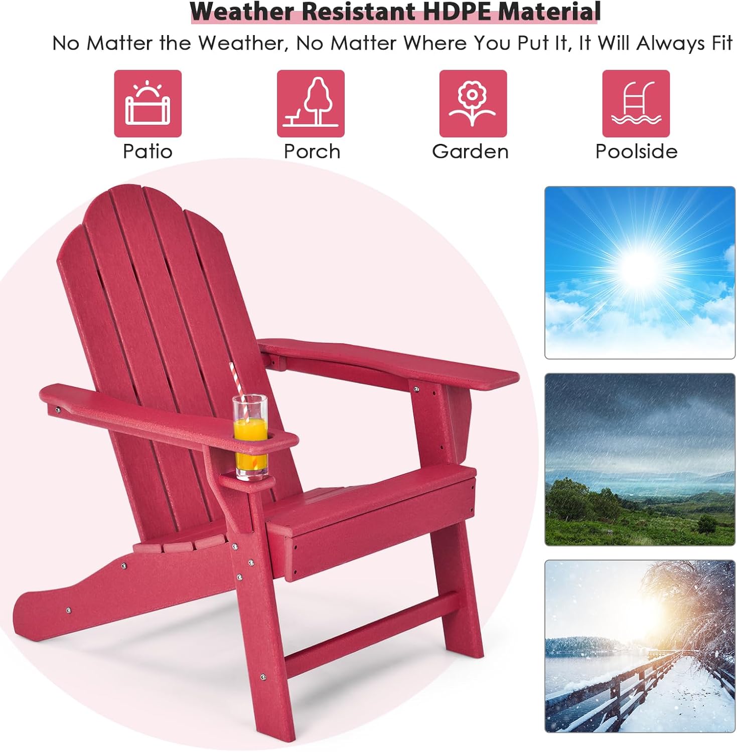 Giantex Adirondack Chair, HDPE All-Weather Patio Chair with Built-in Cup Holder, Outside Composite Chairs, Lawn Chair for Campfire, Deck, Garden, Yard, Balcony, Outdoor Fire Pit Chairs (4, Red)