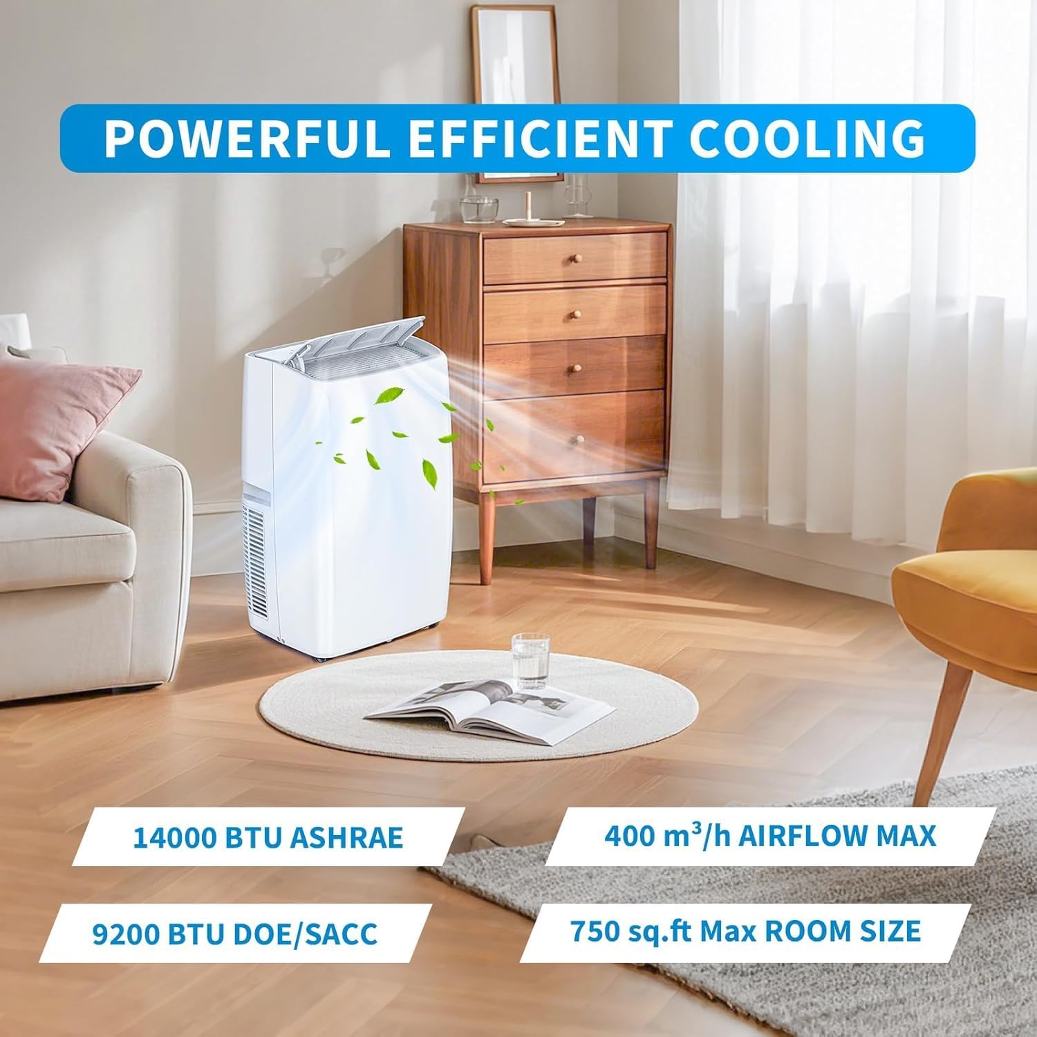 14,000 BTU Portable Air Conditioner with Remote Control, 4-IN-1 Remote Control Vertical AC Unit Cooling up to 750 Sq. Ft. Cooling/Dehumidifier/Fan/Timer, Low Noise, Apartment, Bedroom, Office, White
