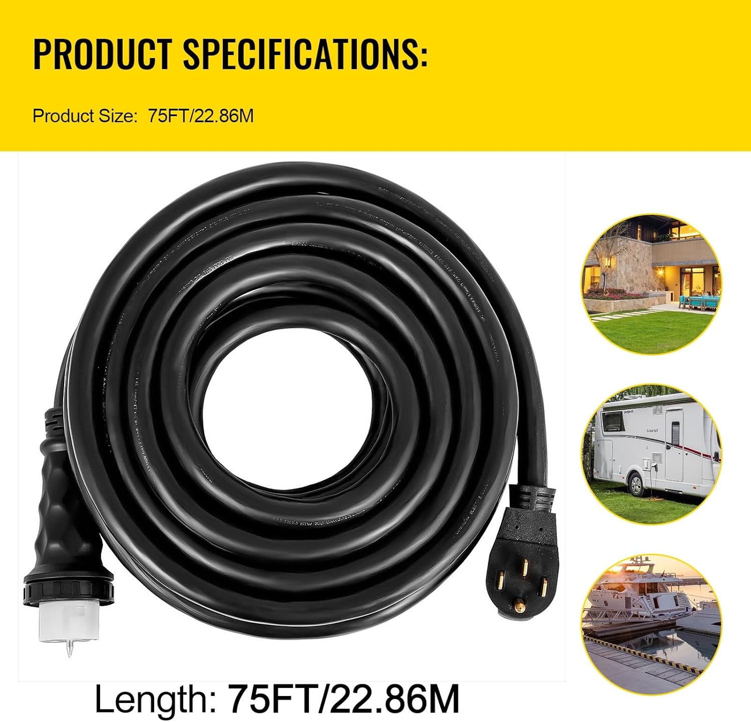 Vevor 75Ft 50 Amp Generator Extension Cord 4 Wire 8 Gauge Generator Cord 125V 250V Generator Power Cord N14-50P & SS2-50R & CS6364 Twist Lock Connectors : Everything Else
