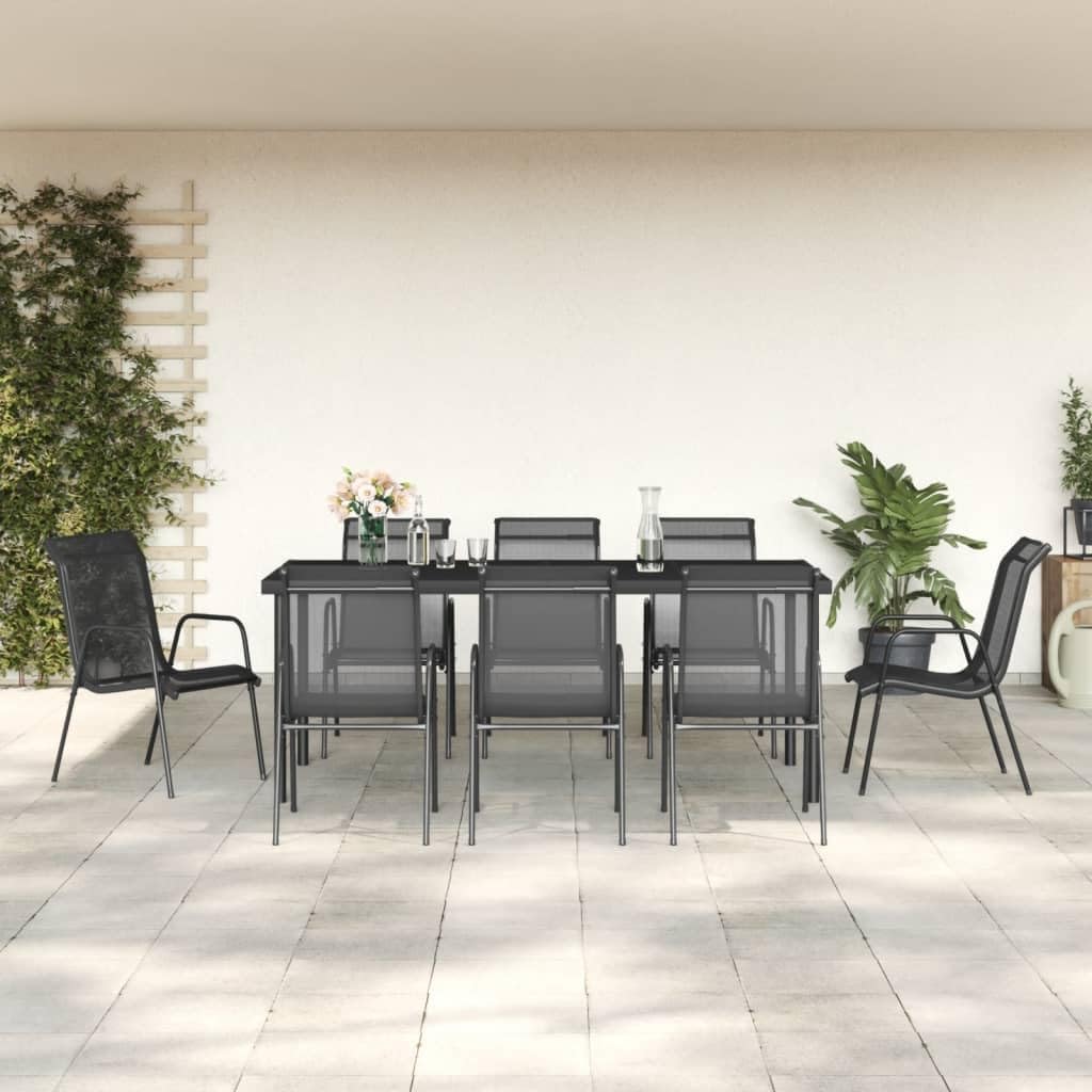 9 Piece Patio Dining Set Black Steel and Textilene,Elegant Garden Dining Set: Durable Patio Furniture for Outdoor Meals and Relaxation Patio Furniture Sets, Outdoor Furniture Sets