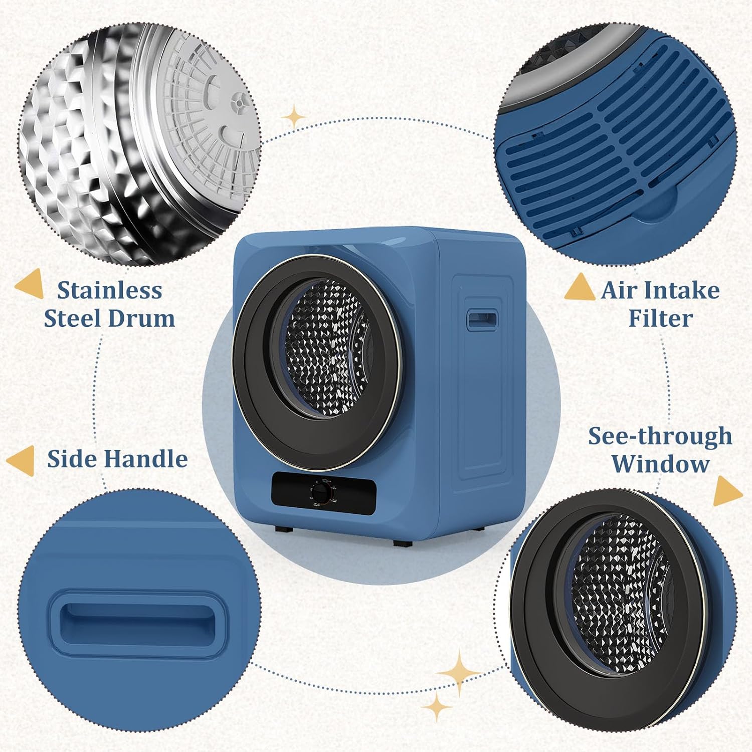 Auertech 1.5 Cu.Ft Portable Clothes Dryer, 850 W Front Load Electric Dryer Machine with Stainless Steel Drum, Simple Control Knob, Compact Tumble Dryer for Laundry Apartment, Dorm, RV, Blue