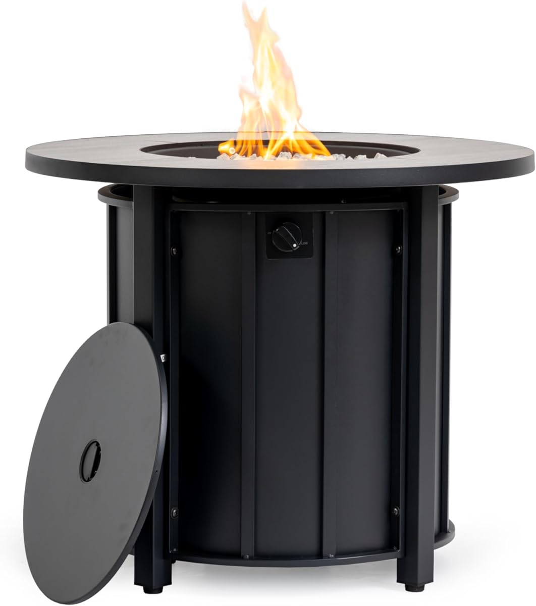 30-inch Round Propane Fire Pit Table, 50,000 BTU Outdoor Steel Fire Pit with Wood Grain Ceramic Tabletop & Lid, Cover Included for Patio, Deck, Backyard - Black