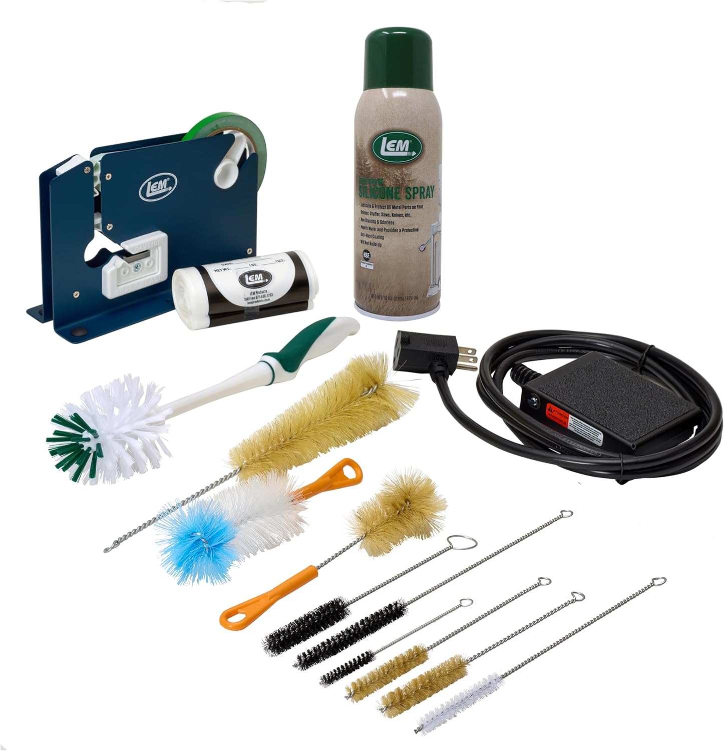 LEM Products Grinder Accessory Kit, Includes Foot Switch, Poly Bag Tape Machine, Meat Bags, Silicone Spray, and Brushes