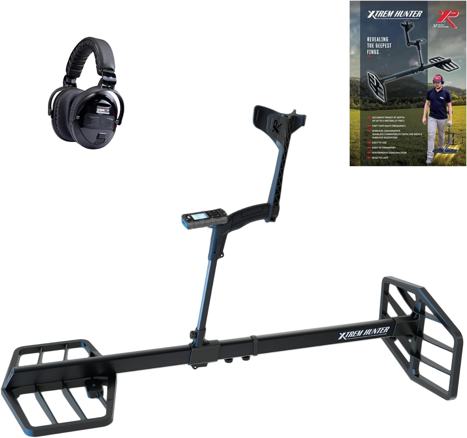 XP Metal Detectors XTREM Hunter - deep Seeking Metal Detector with FMF Coils, Deus II Remote Control, WSAII-XL Wireless Headphones, Specific S-Telescopic stem & XP case (XTR-115RCWSA2XLEA)