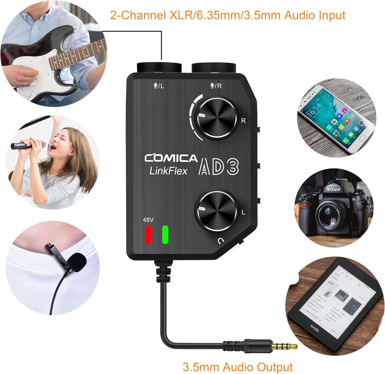 Comica LINKFLEX.AD3 2-Channel XLR/3.5mm/6.35mm Microphone Audio Mixer Preamp with Phantom Power, Real-time Monitoring, Guitar Audio Interface Microphone for DSLR Cameras Camcorders Smartphones Tablets