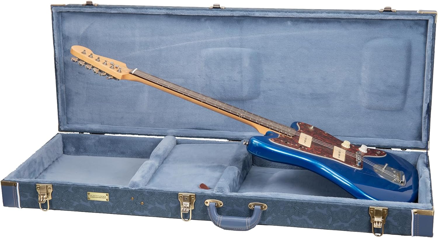 Crossrock Relief Series Jazzmaster/Jaguar Guitar Case for Offset Electric Guitars | Carved Smoke Blue Finish, Monochrome Blue Velvet Interior, Lock – Premium Wooden Hardshell