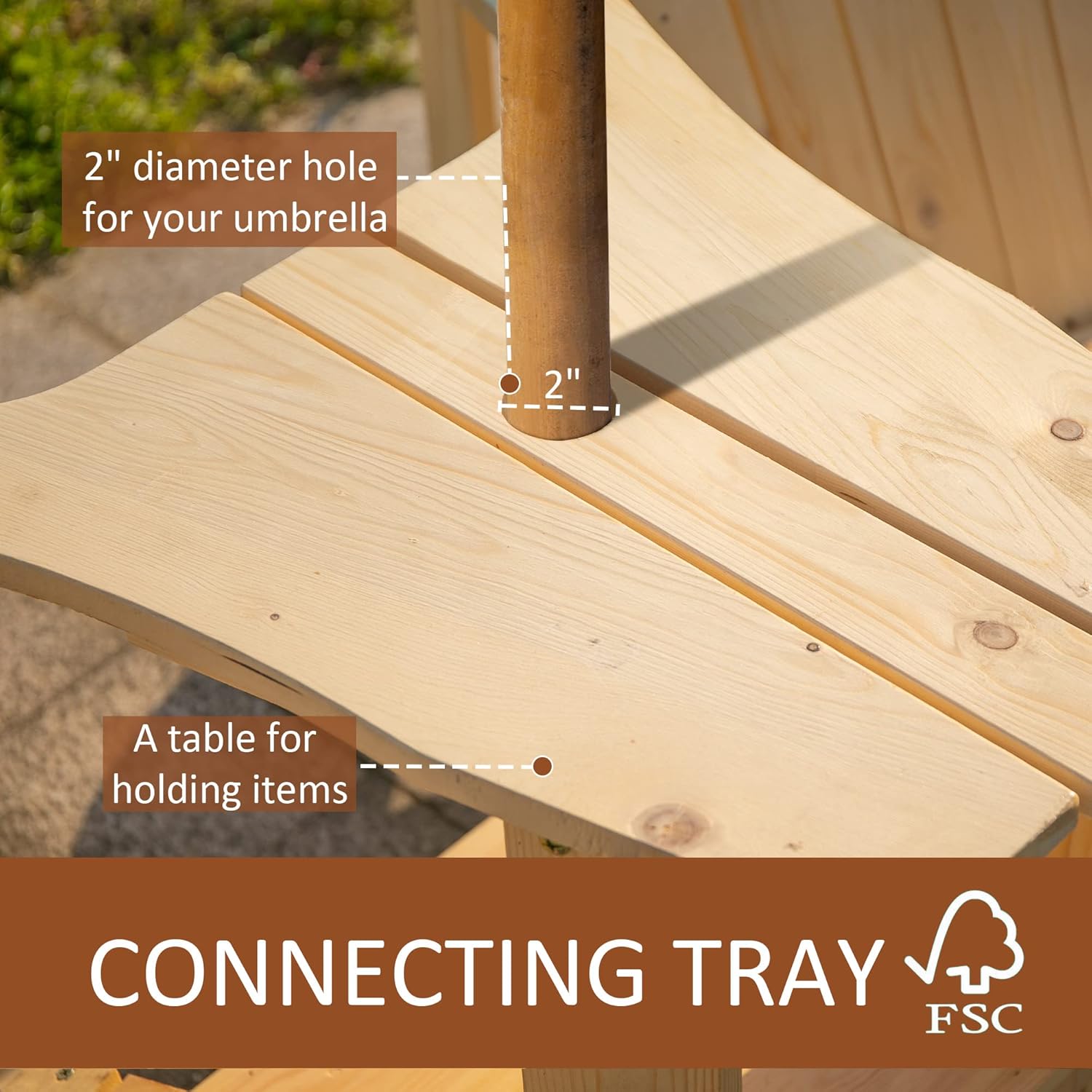 Outsunny Wooden Adirondack Chairs for Two People, Outdoor Fire Pit Chair with Table & Umbrella Hole, Patio Chair for Deck Lawn Pool Backyard, Natural