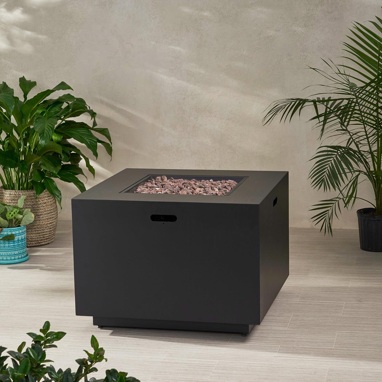 Outdoor Patio Propane Fire Pit, 24'' H x 33'' W Square Iron Gas-Burning Fire Pit - 50,000 BTU Fire Table for Garden, Backyard, Lawn, Tank in Side, Dark Grey