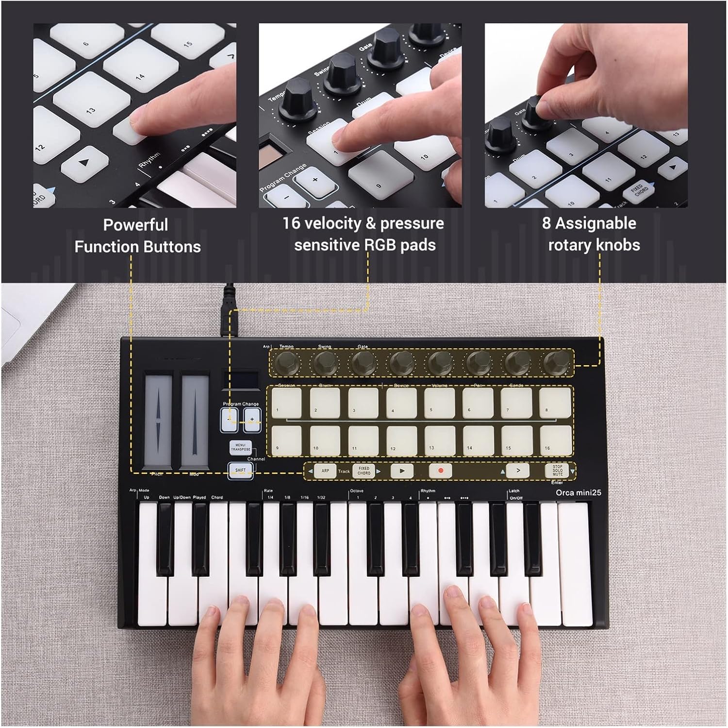 Keyboard Piano 25-Key USB MIDI Keyboard Controller with 16 RGB Backlit Trigger Pads 8 Assignable Control Knobs