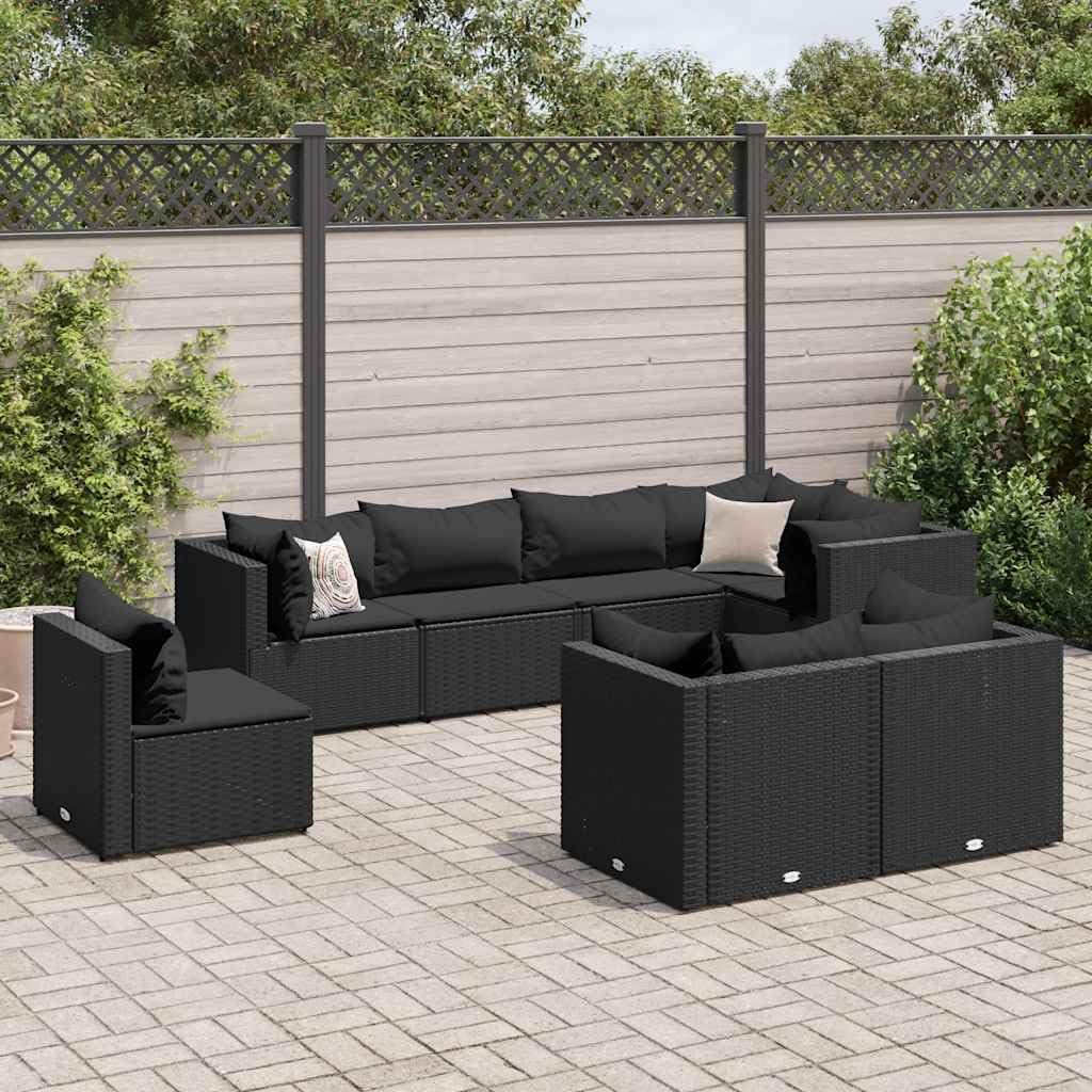 8 Piece Patio Lounge Set with Cushions Black Poly Rattan, Patio Furniture Sets, Outdoor Furniture