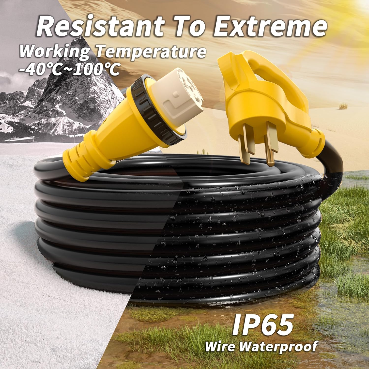 40 Amp Generator Cord, 100FT 40 Amp RV Extension Cord with Twist Lock, Generator Cable 40A 4 Prong Yellow, NEMA 14-50P/SS2-50R Heavy Duty STW Wire for RV Camper & House