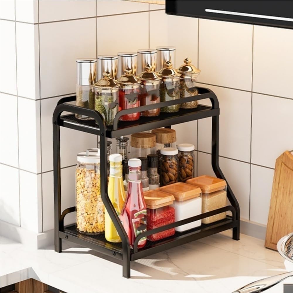 Seasoning Storage Rack, Countertop Spice Rack, Coffee Station Storage Rack, 2-layer Skin Care Product Rack, Metal Display Rack for Kitchen, Bathroom, Living Room(Black)