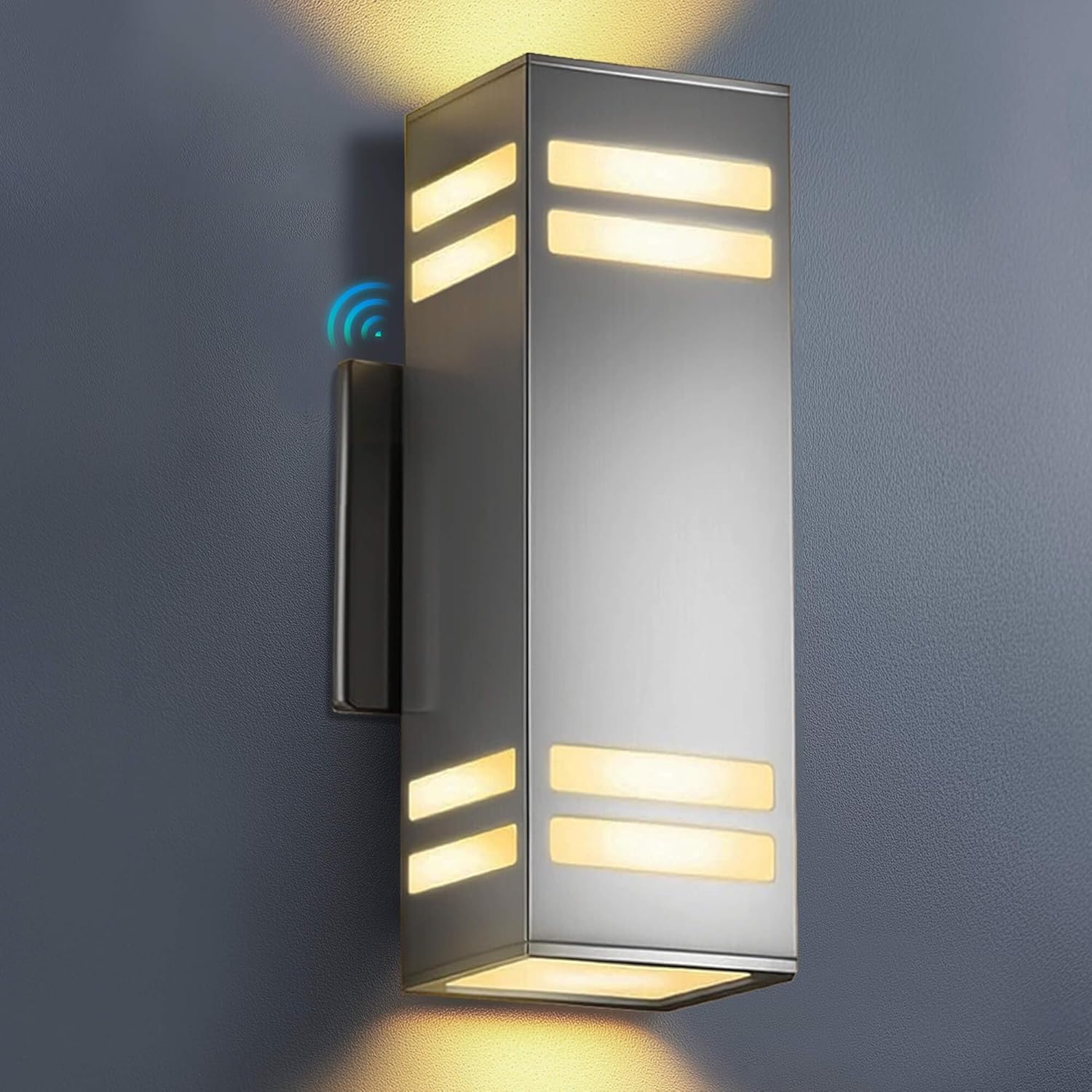 KIZON Modern Dusk to Dawn Outdoor Wall Light, Stainless Steel Up and Down Sconce with E26 Base, Includes 3000K Bulbs, Waterproof Exterior Lighting Fixture for House Porch Garage Entryway