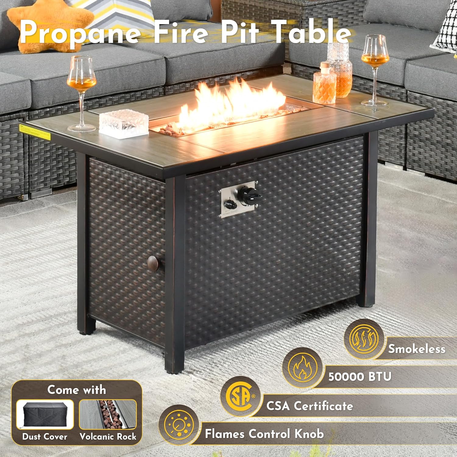 10 Piece Wicker Sectional Patio Furniture with Fire Pit, Outdoor L Shaped Couch with 42'' Firepit Coffee Table Swivel Rocker Chair Conversation Sets for Balcony Backyard Garden, Dark Gray