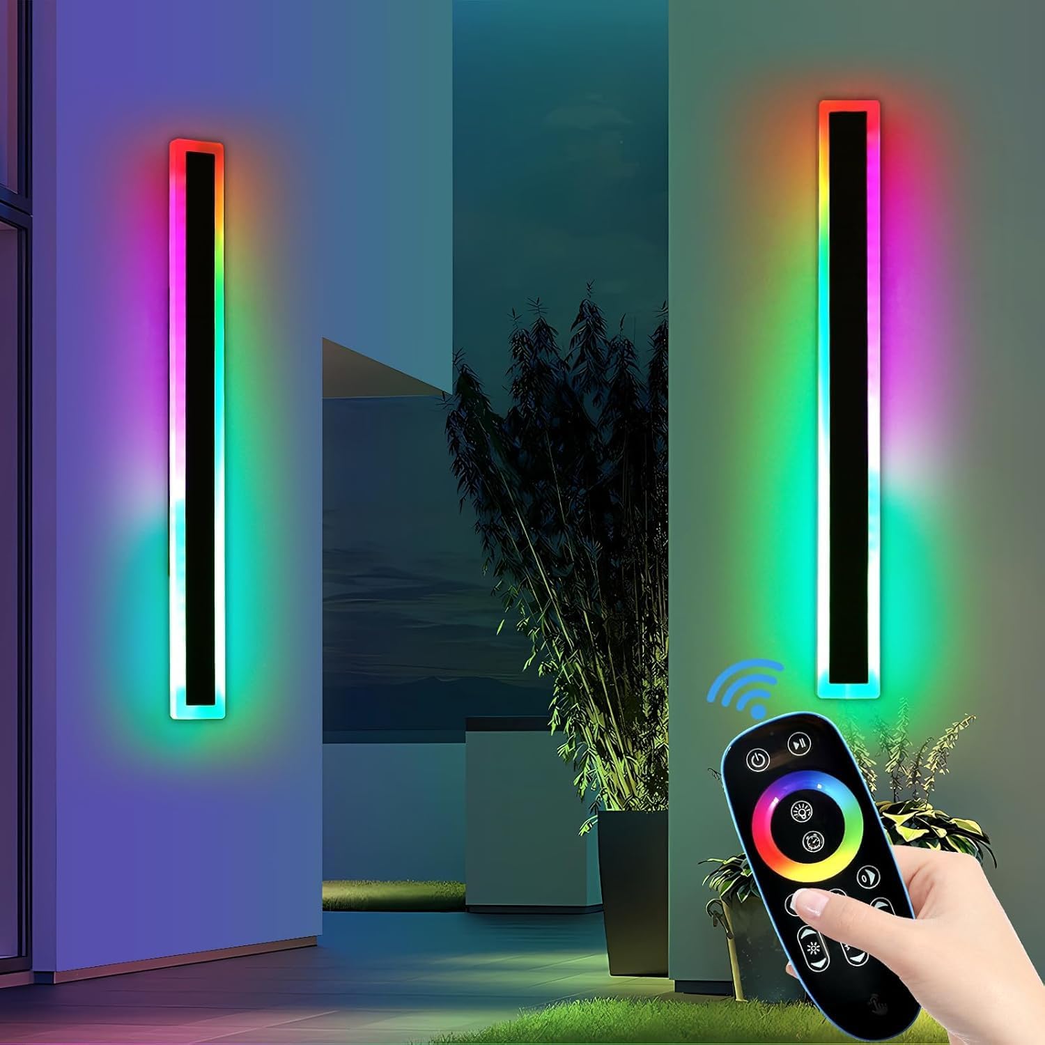2 Pack Long LED Outdoor Wall Lights, 47.2inch Dimmable Modern Wall Sconce, RGB Color Changing, IP65 Waterproof, Exterior Lighting Fixture for Porch, Patio, Garage, Yard, with Remote Control