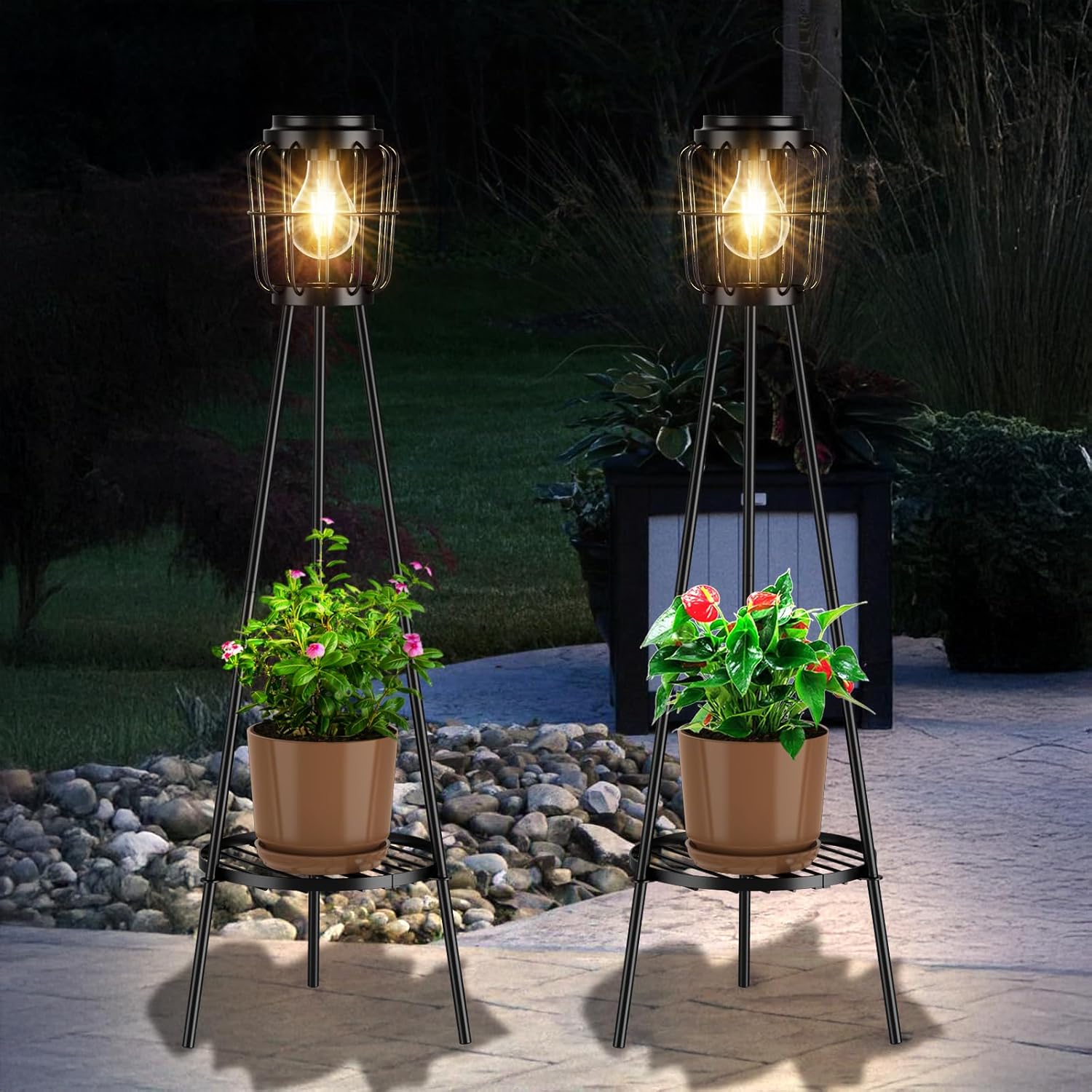 MXwcy 2 Pack Solar Lights Outdoor with Plant Stands, Solar Floor Lamp with LED Edison Bulbs for Garden Yard Pathway Driveway Front/Back Porch Decoration