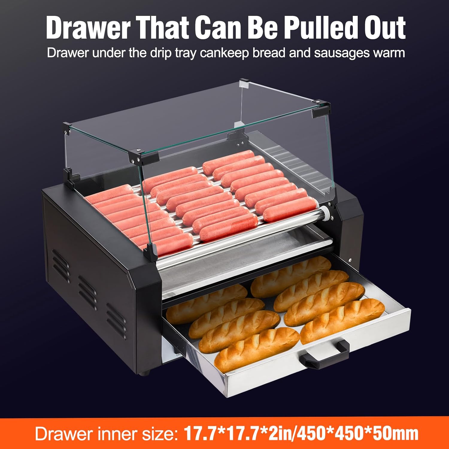 Hot Dog Roller, Electric 24 Hot Dog Capacity 9 Roller, 1650W Sausage Grill Cooker Machine w/Bun Warmer Shelf, Dual Temp Control, Removable Oil Drip Tray, Cover, Stainless, Commercial Grade