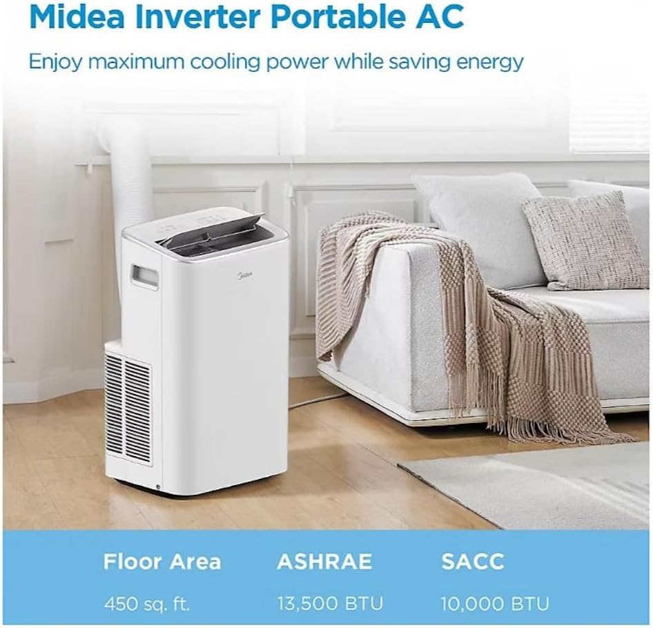 Midea Smart Inverter 10,000 BTU DOE Portable Air Conditioner, up to 450 sq ft. - 3-in-1 comfort- get cooling, dehumidification, and fan modes - White MAP10V1JWT-B