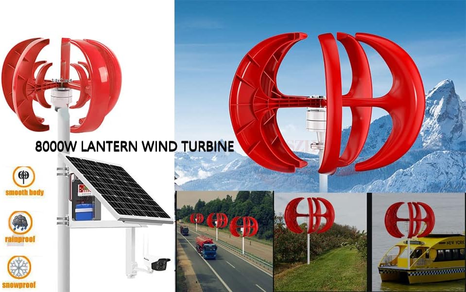 8000W Wind Turbine Generator Kit, DC12V 5 Blade Wind Turbine Lantern Vertical Wind Generator Kit Electricity Producer Equipment (Red)