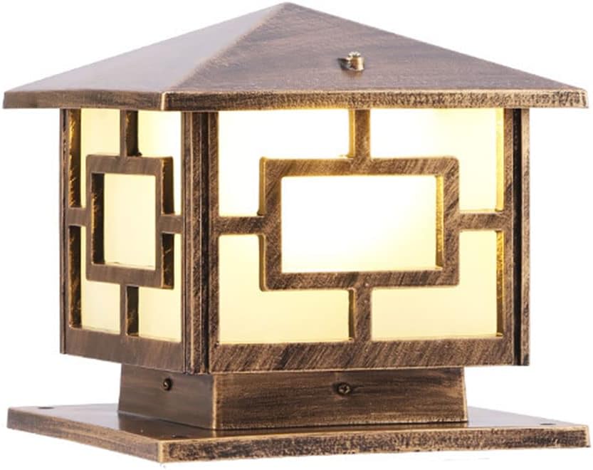 Ip54 Waterproof Square Fence Outdoor Post Light Fixture Waterproof Aluminum Classic Vintage Column Lights Anti-Rust Lamp Posts Outdoor Lighting Fixture, for Patio Porch Garden,Brass,9.8in