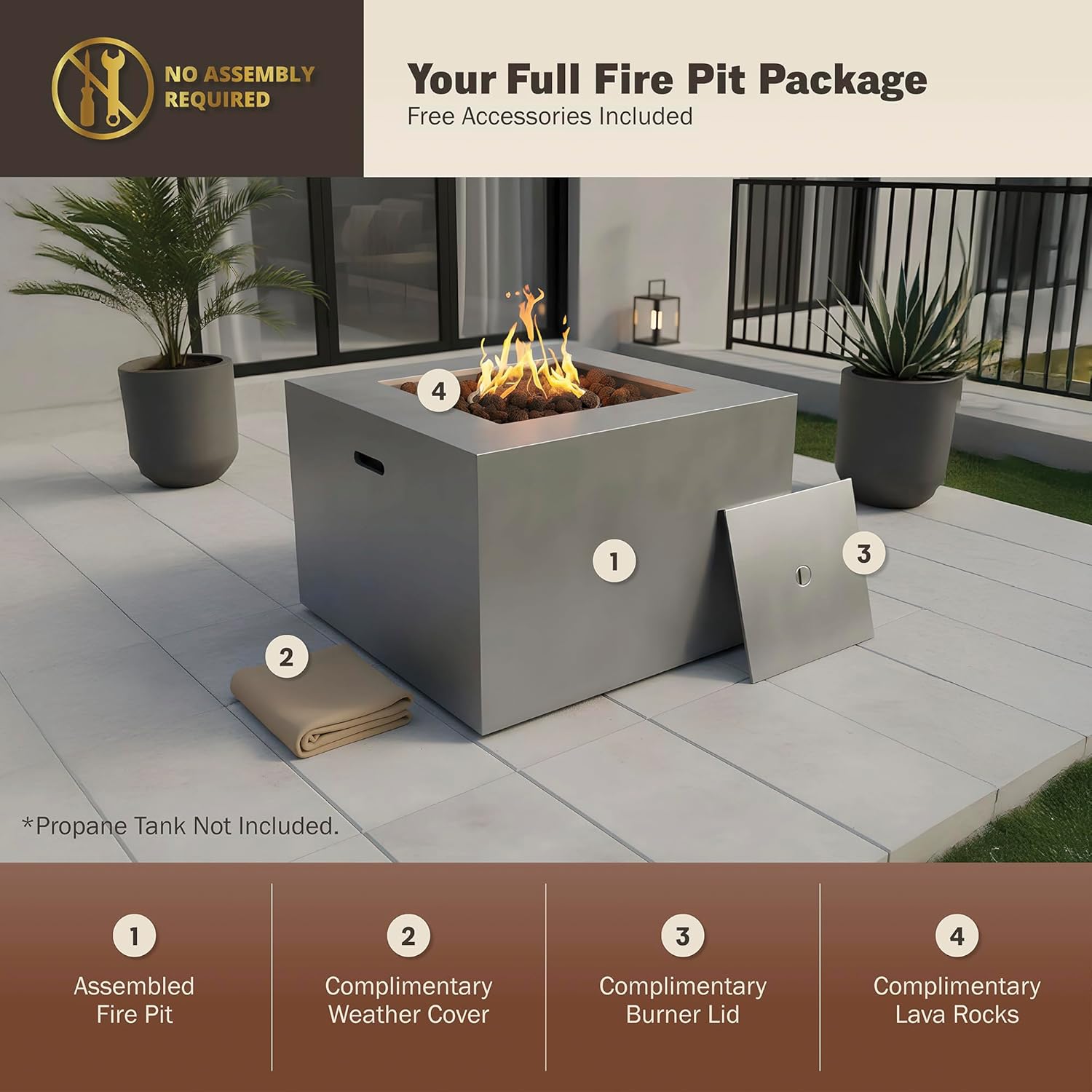 Kinger Home Kai 32-Inch Square Propane Fire Pit Table, Alloy Steel Outdoor Fire Pit with 50,000 BTUs, Certified, Includes a Burner lid, Lava Rocks and Weatherproof Cover