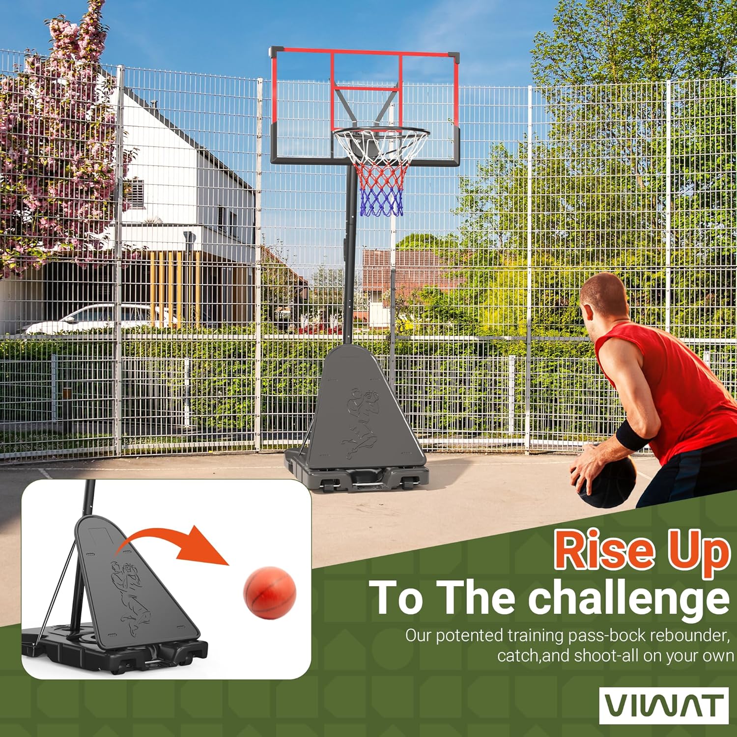 VIWAT Basketball Hoop Outdoor 4.4-10FT Adjustable Kids Basketball Hoop Indoor Basketball Goal 45’’PC Shatterproof Backboard Portable Toddler Basket Ball Hoop for Kids/Adult Basketball Accessories Net