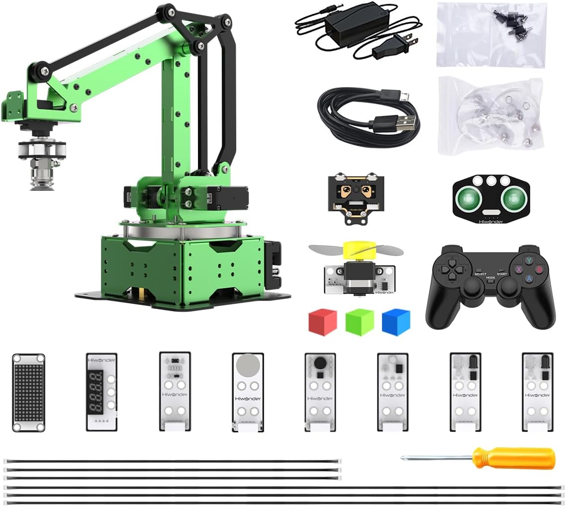 MaxArm Robot Arm with Secondary Development ESP32 Open Source Programming Robot Arm with Glowing Ultrasonic, Color, Touch, Sound, Light, Digital Tube Sensors Kits, Vision Module, PS2 Handle