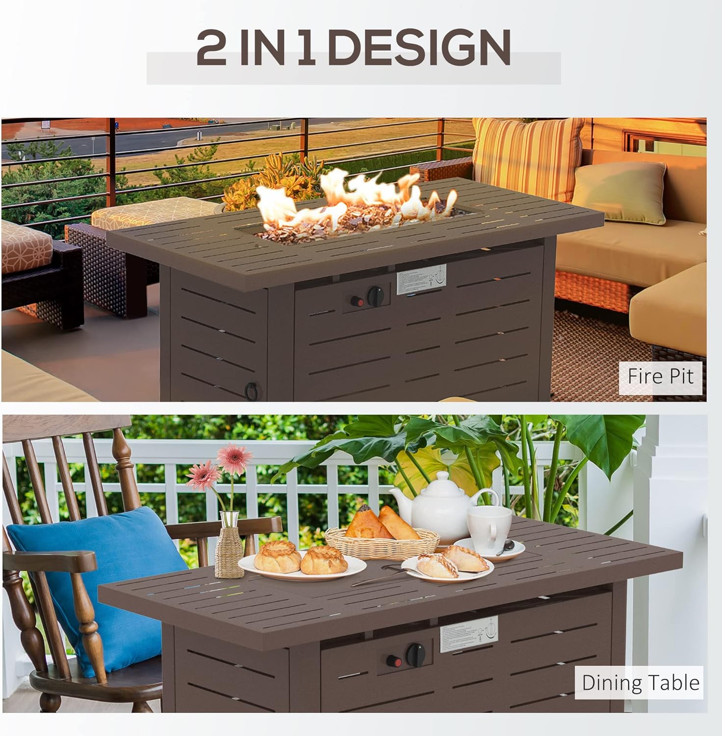 42 Inch Outdoor Propane Gas Fire Pit Table, 50,000 BTU Auto Ignition Rectangular Gas Firepit with Slat Tabletop, Lid, Lava Rocks, Rain Cover, CSA Certification, Brown