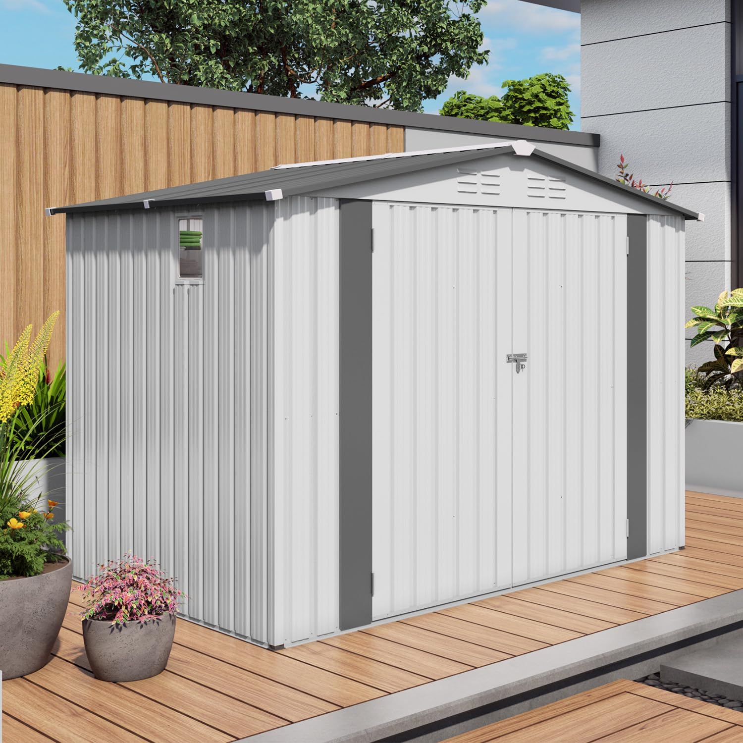 8X6 FT Metal Outdoor Storage Shed with Lockable Door, Tool Shed for Garden & Bike Storage
