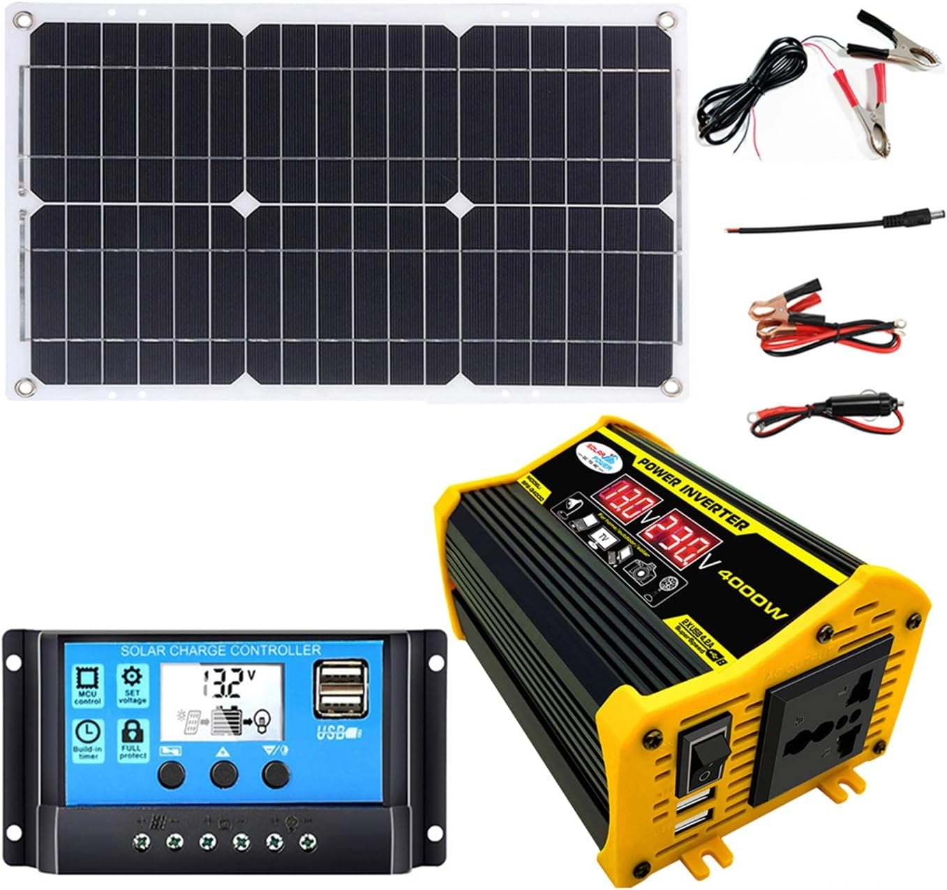 4000W 12V to 110V/220V Solar Inverter Kit with 30A Controller and 18W 12V Solar Panel, Home Grid Power System, Solar Generator Combination(Black,12V-110V)