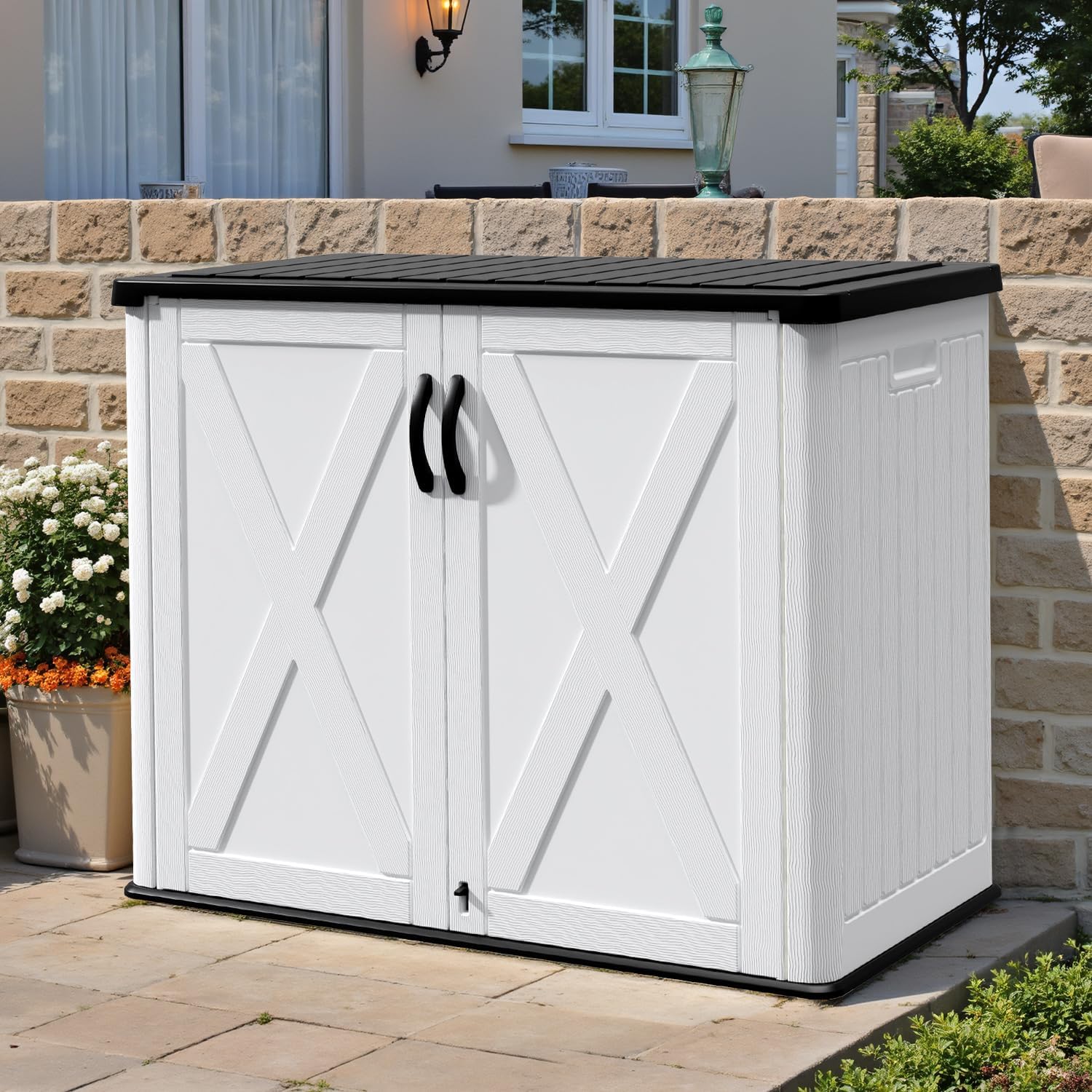 Patiowell 25 Cu.ft Outdoor Storage Cabinet with Lockable Door, Waterproof Horizontal Storage Shed for Tools and Patio Furniture, All-Weather Resin Shed Easy Assemble for Pool or Backyards, White