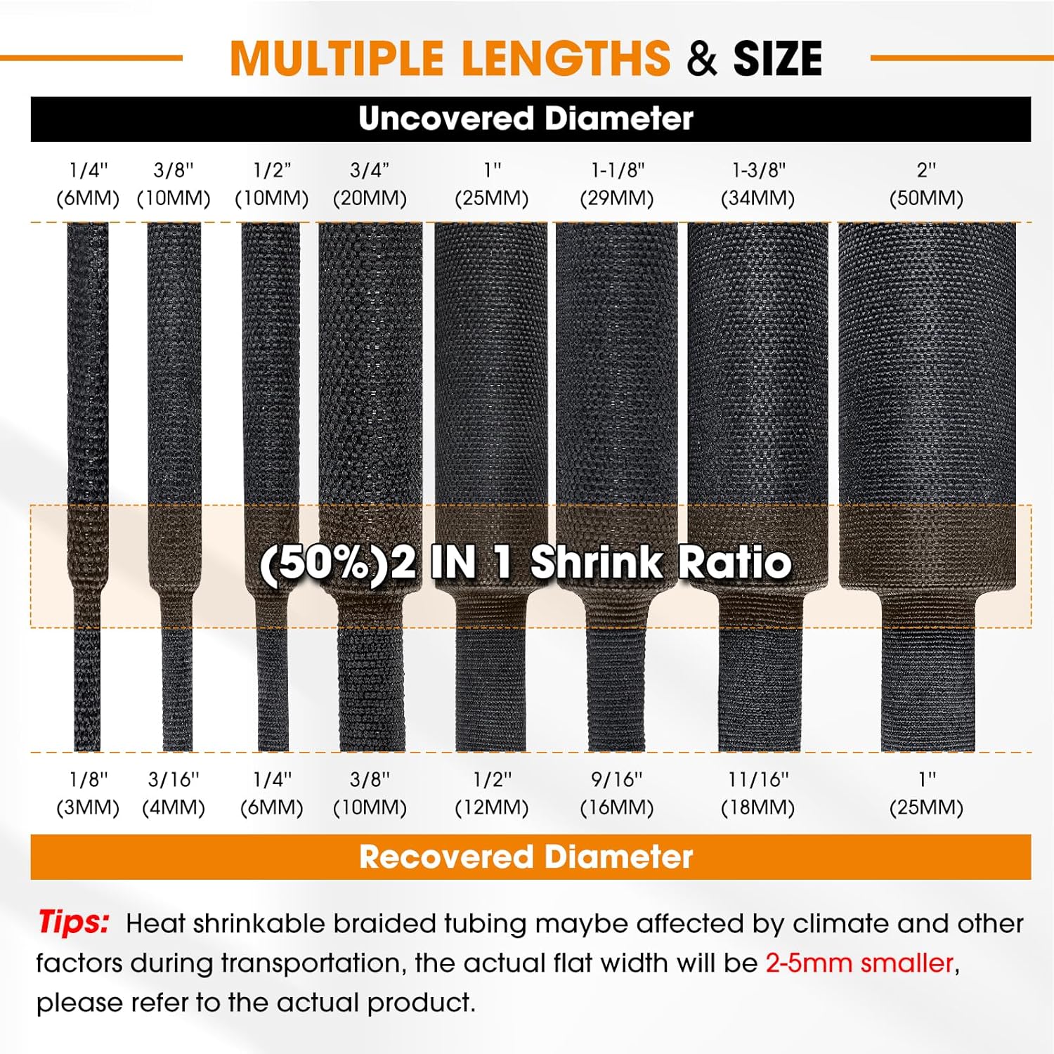 Electrical Flat Heat Shrink Tubing, High Ratio Car Amplifier Farbric Heat Shrinkable Braided Sleeving Cord Protection for Cable Sheathing (Black(2 in 1 Shrink Ratio), 1''-30FT)