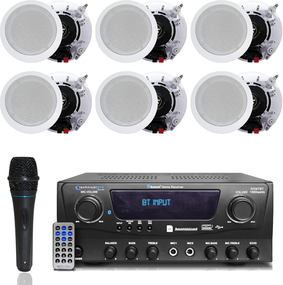 1000 Watts 2 Room Bluetooth Home Amplifier and Receiver with USB and SD Reader, (Qty 6) 6.5 Flush Mount in-Wall/in-Ceiling Stereo Speakers, Handheld Microphone with 10 Ft Cable