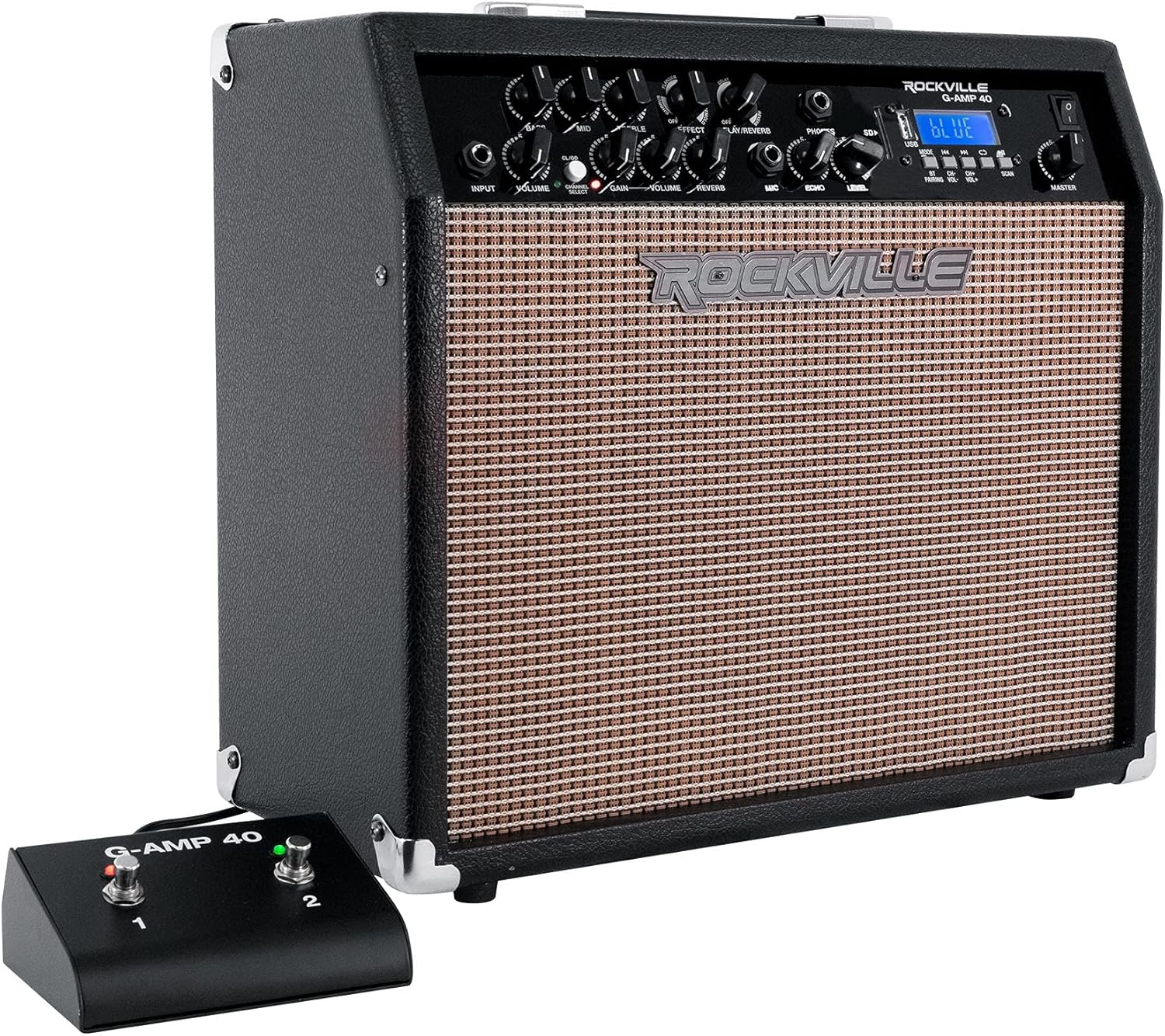 Rockville G-AMP 40 40W Guitar Combo Amplifier, Bluetooth, Mic Input with Echo, USB/SD Playback, Footswitch, Built-in Effects, Portable for Practice and Performance