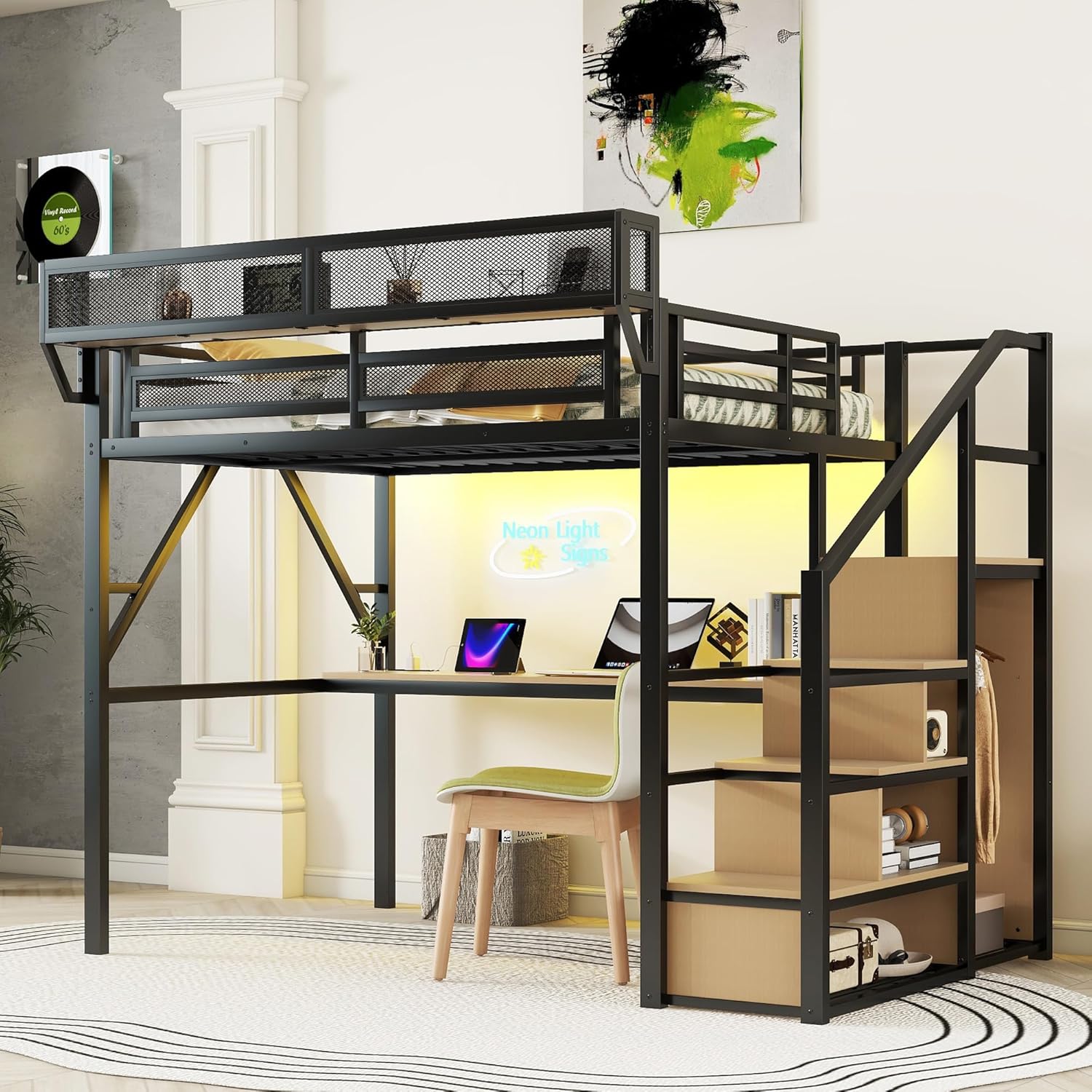 Full Size Metal Loft Bed (Black) - Patent Product | Desk+Charging Station (2 Outlets/2 USB), Staircase Storage+Wardrobe, RGB LED, Upper Mesh Shelf, 350LBS Capacity, No Box Spring
