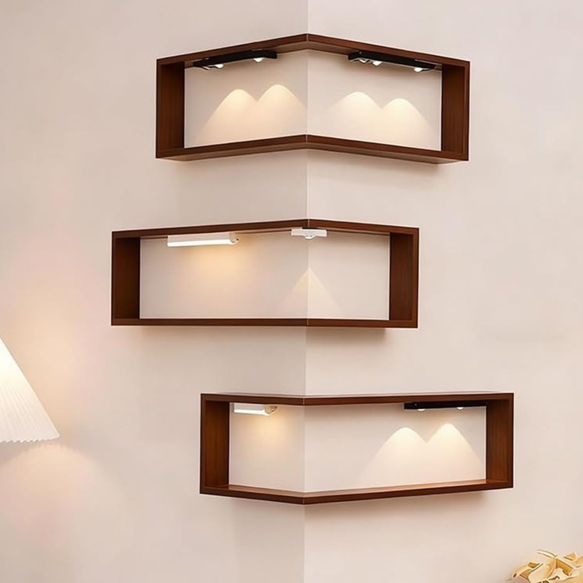 Illuminated Corner Shelf with Remote, Smart Shelves That Light up Your Space, Wooden Corner Wall Shelves with Light for Figurines and Collectibles, Modern Wall-Mounted Display Rack Stand(3pcs)