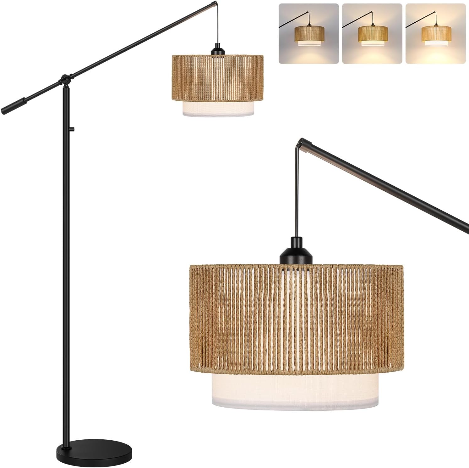 【Upgraded】Dimmable Boho Floor Lamp for Living Room, Modern Swing Arm Floor Lamp with Rattan & Fabric Shades, Black Rattan Standing Lamp with 11W Bulb, Farmhouse Adjustable Tall Lamp for Bedroom Office