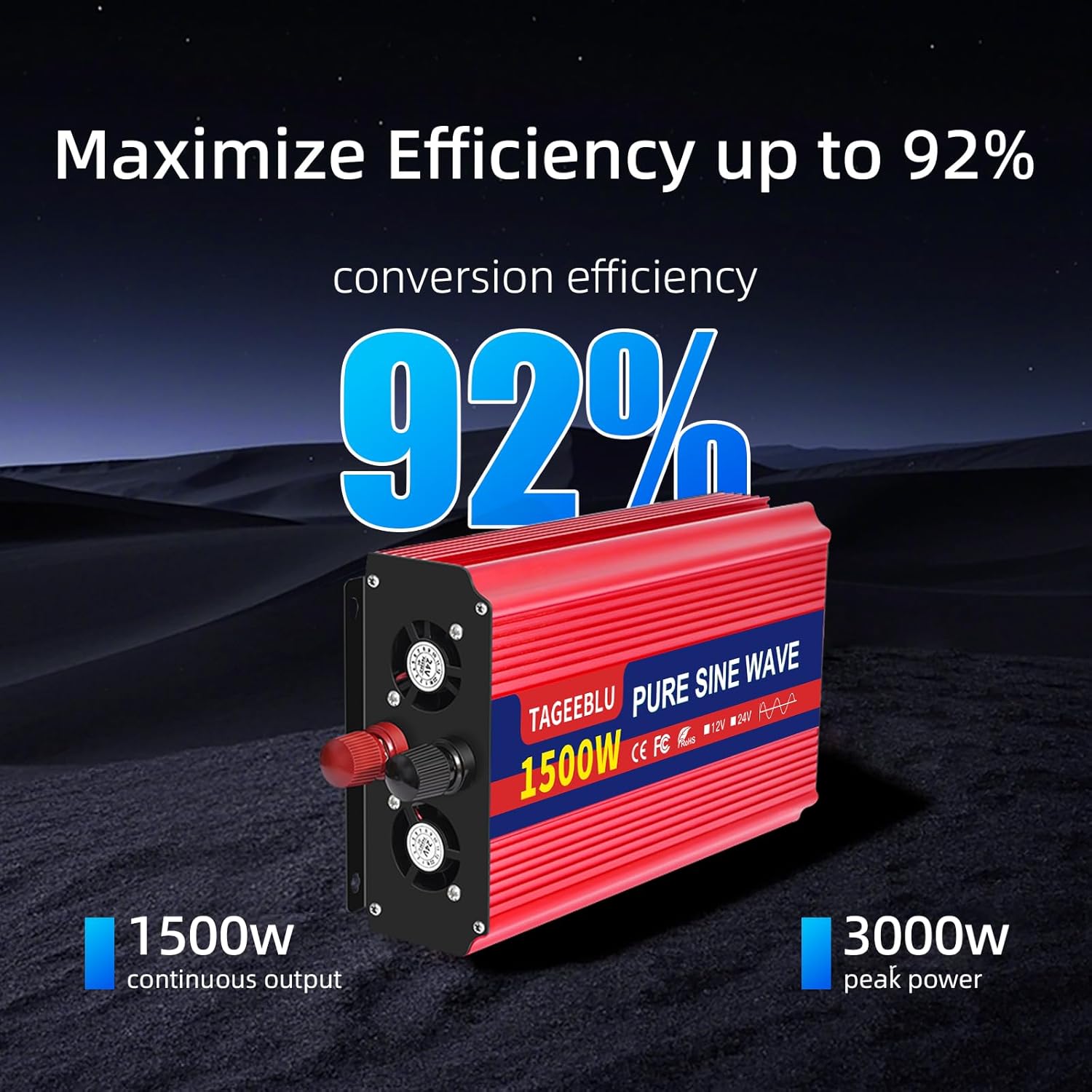 1500W 24V Pure Sine Wave Inverter, 24V DC to 110V/120V AC Power Inverter for RV、Off Grid、Truck、Power Outage with 2 AC outlets and LCD Display