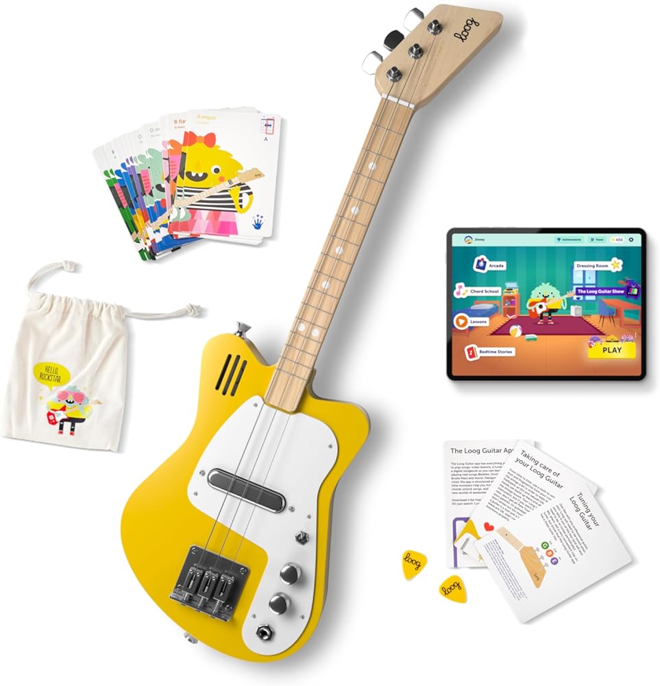 Loog Mini Electric kids Guitar for Beginners built-in Amp Ages 3+ Learning App and Lessons Included Yellow