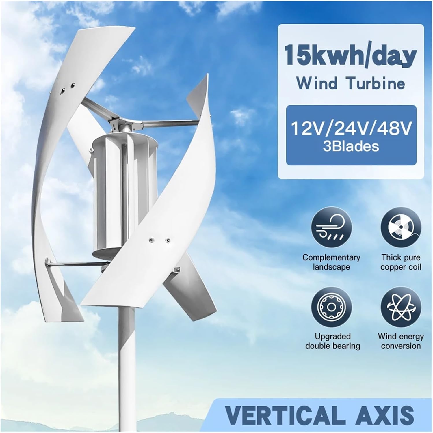 5KW Wind Turbine with Solar Panel Battery 5KW Vertical Axis Maglev Wind Turbine for Household Family with Controller Low Starting Speed for Home(MPPT Hybrid Control,48V)