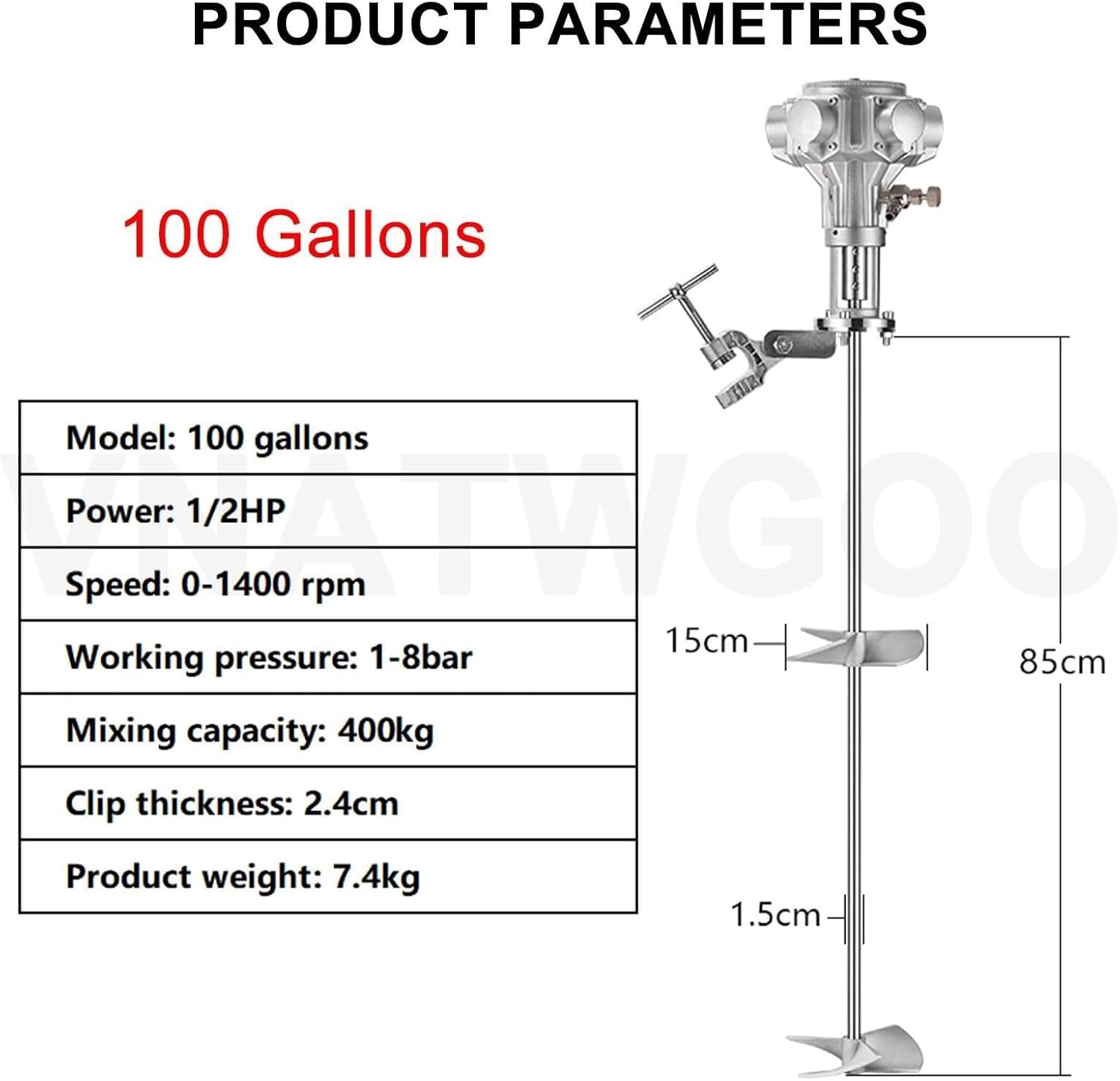 Industrial Clamp-Type Pneumatic Mixer, 50/100 Gallon Aluminum Alloy Agitator, Adjustable Speed Stirring Machine, for Liquids, Paint(100gallons)