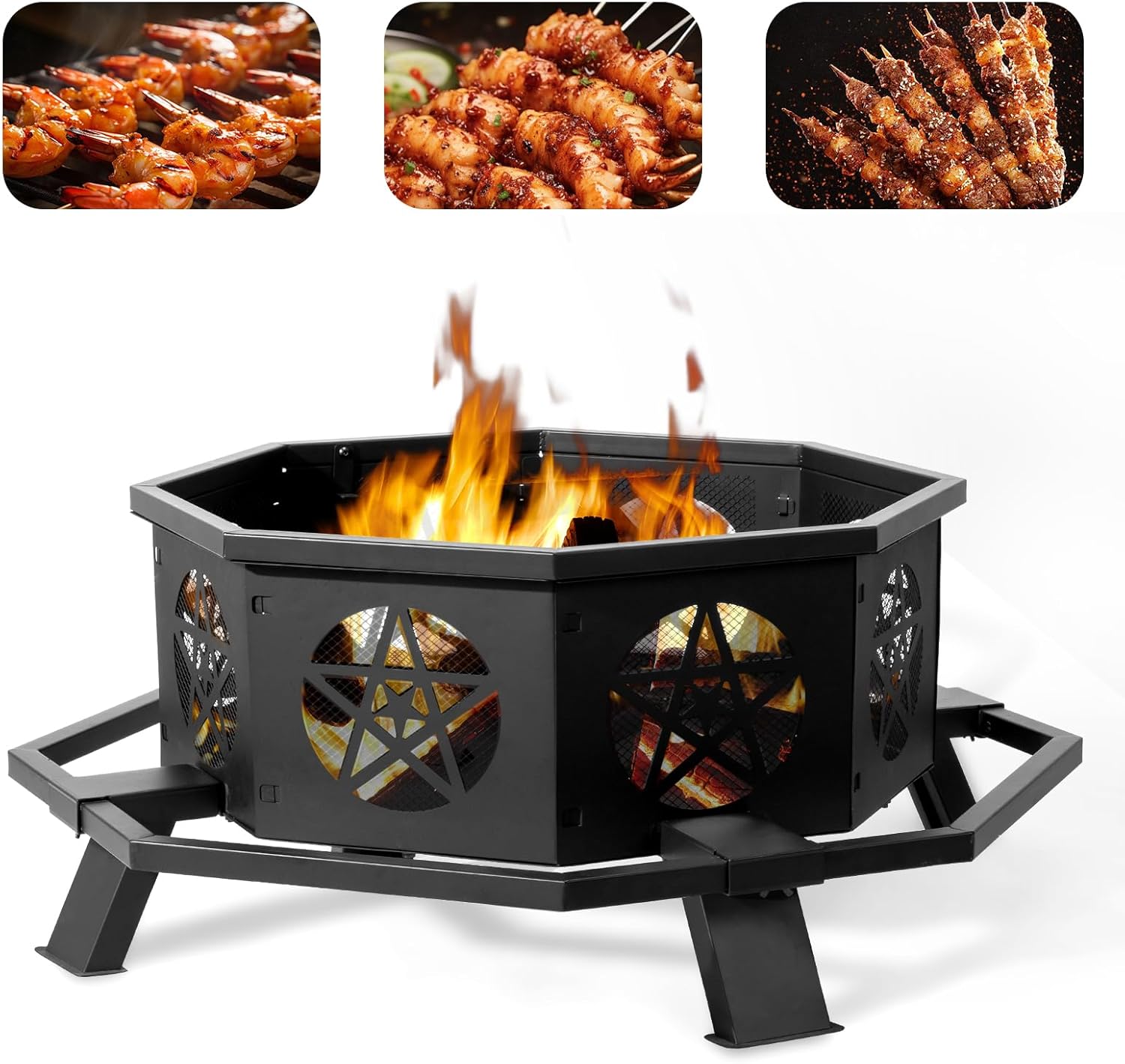 43 Inch Octagonal Outdoor Fire Pit, Outdoor Campfire Poker, Wood Burning Camping Firepits, Portable Octagonal Firepit, Outside Backyard Fireplace for Patio, Garden