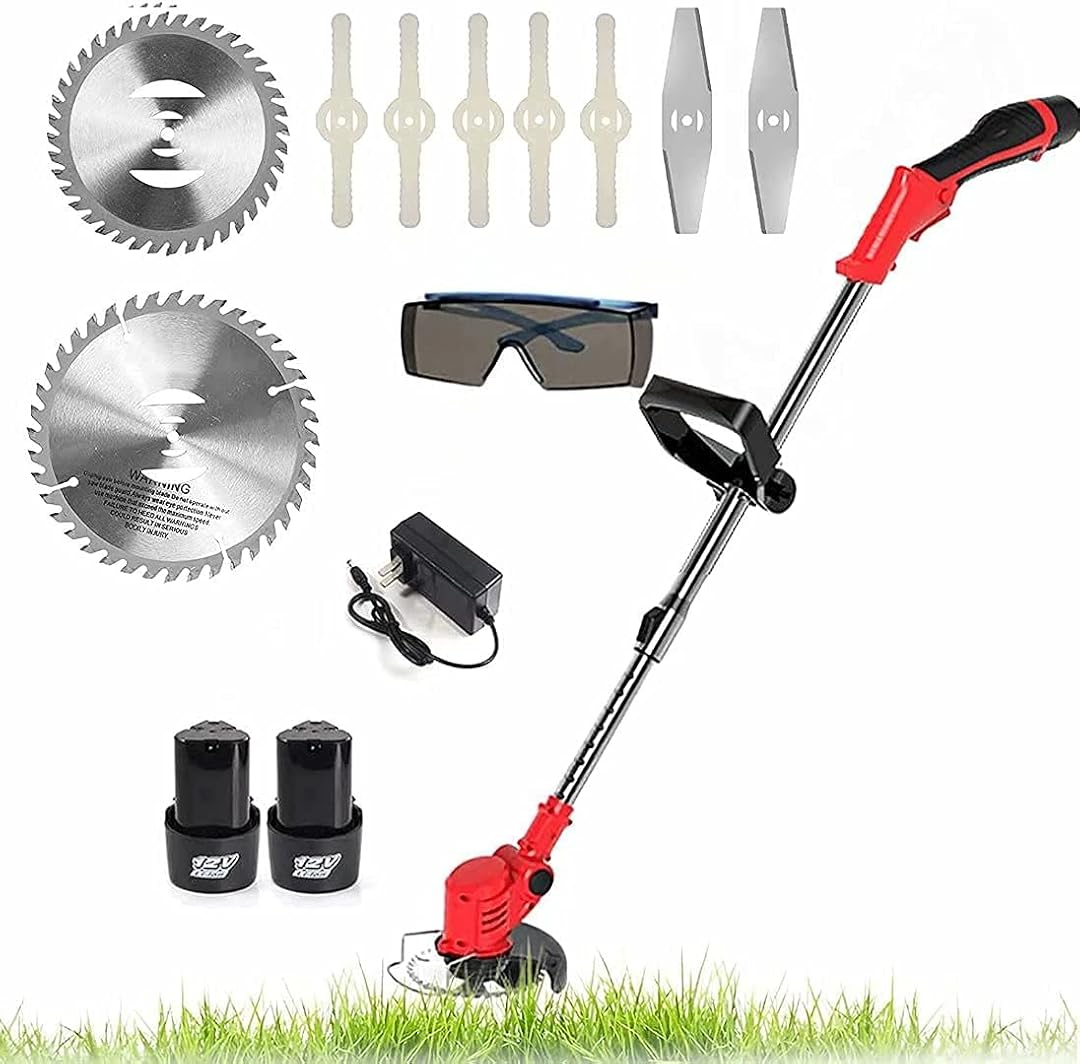Battery-Operated Weed Eater 12 V Cordless Grass Cutter Portable with Protective Goggles The Electric Lawn Mower Head can be Adjusted by 90 ° with 2 ba