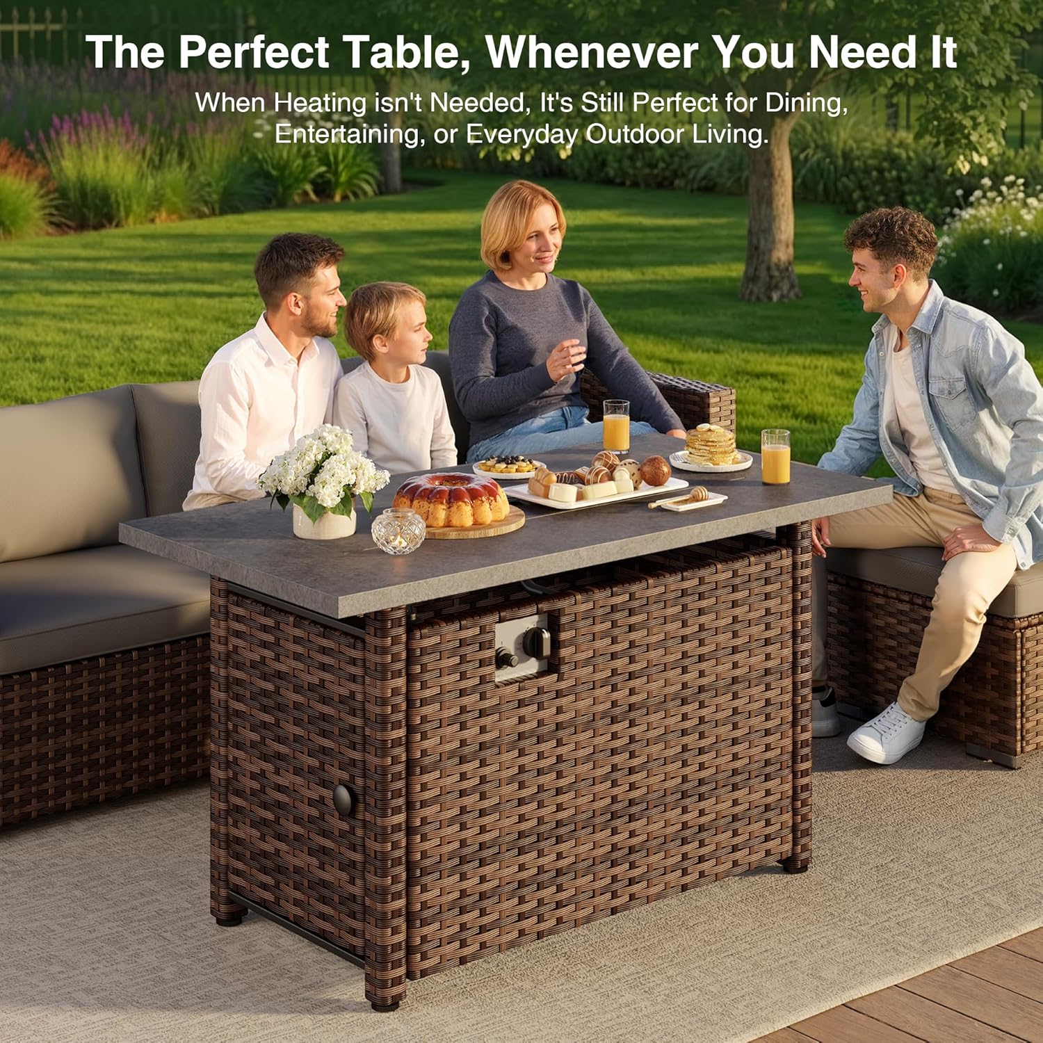 45'' Gas Fire Pit Table, Outdoor Gas Fire Pit with Hand-Woven PE Rattan, Glass Stones,Lid, 2 in 1 Fire Pit Table Gatherings Parties for Patio Deck Garden